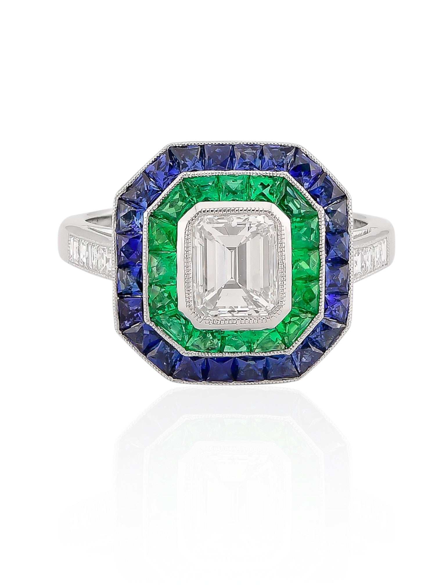 Sophia D Art Deco Mosaic Emerald Cut Diamond, Sapphire, and Emerald Ring in Platinum