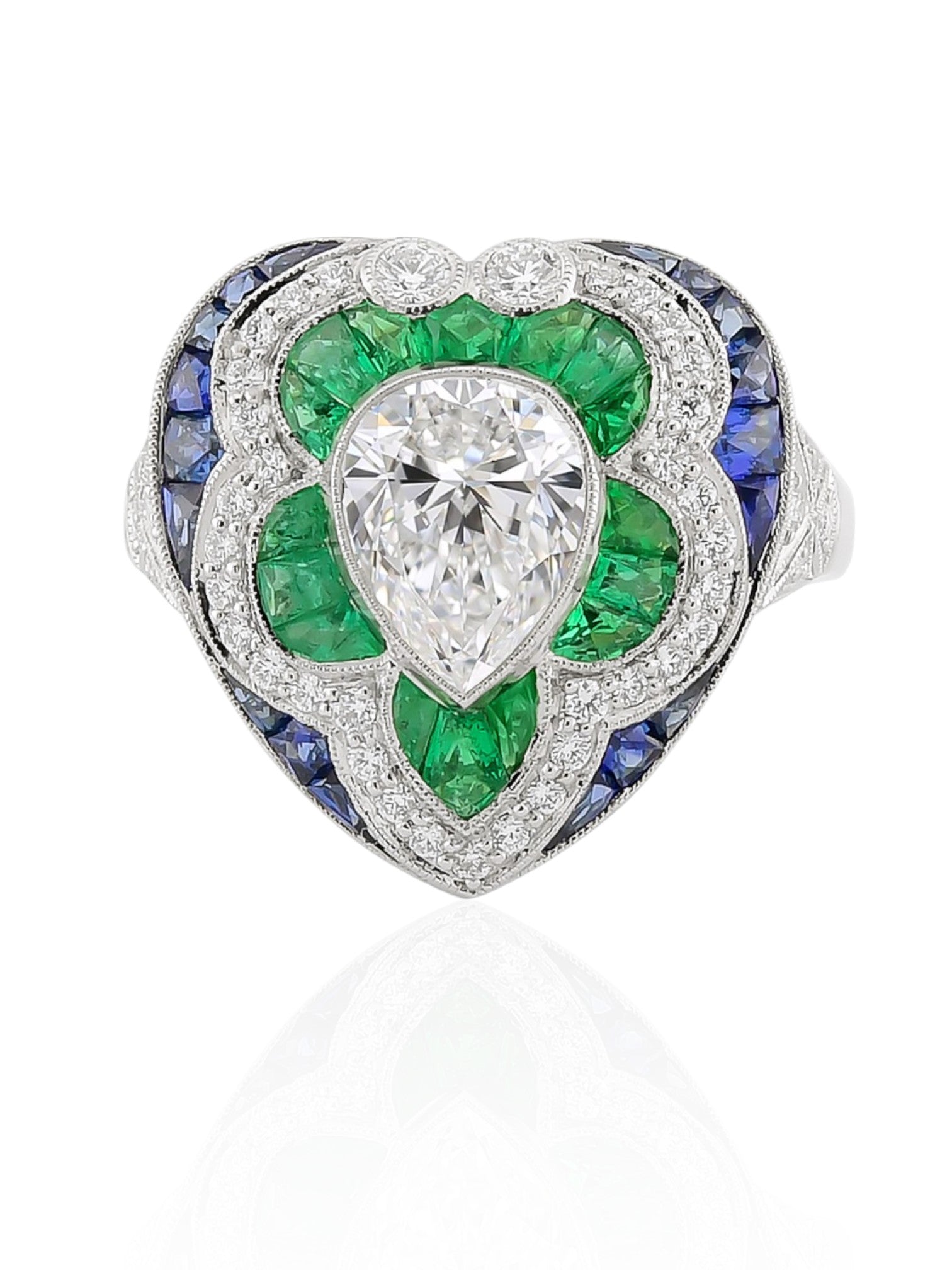 Sophia D Art Deco 1.13 Carat Pear Shape Diamond, Emerald, and Sapphire Ring in Platinum
