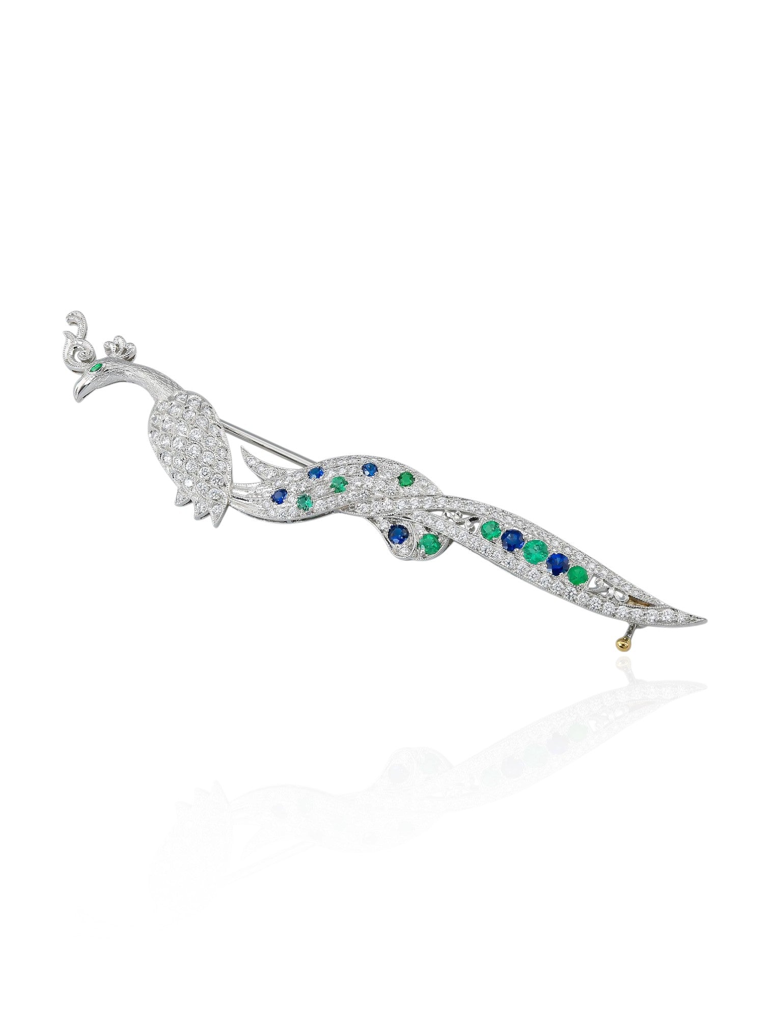 Sophia D Peacock Diamond, Emerald, and Sapphire Brooch in Platinum