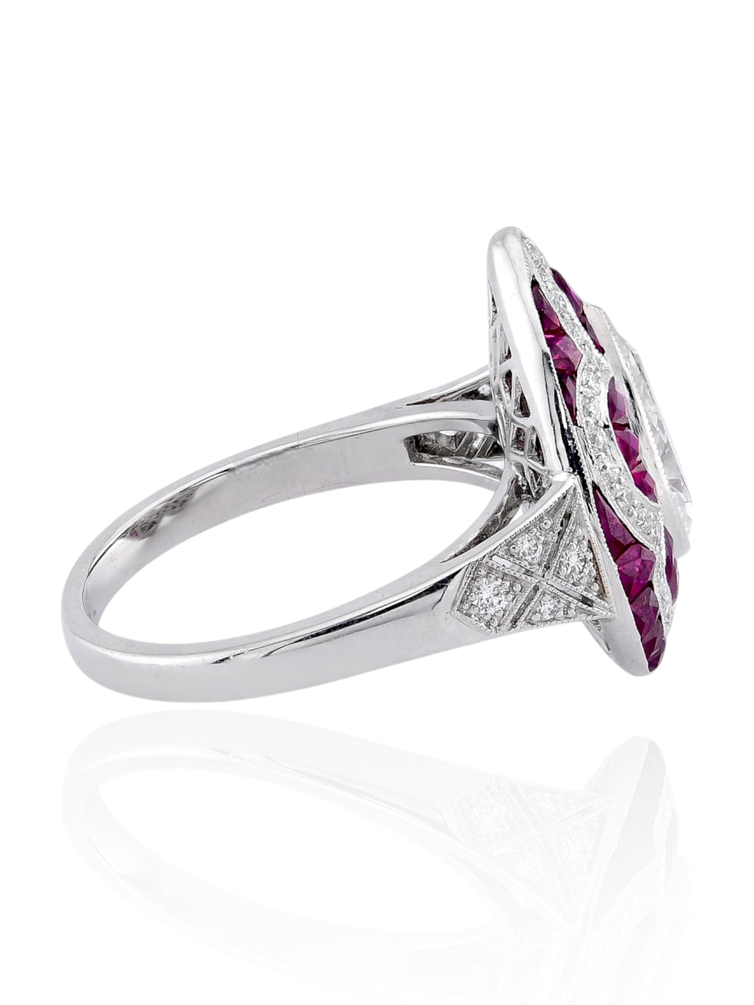 Sophia D Art Deco Ring with Pear-Shaped Diamond and Ruby Halo in Platinum