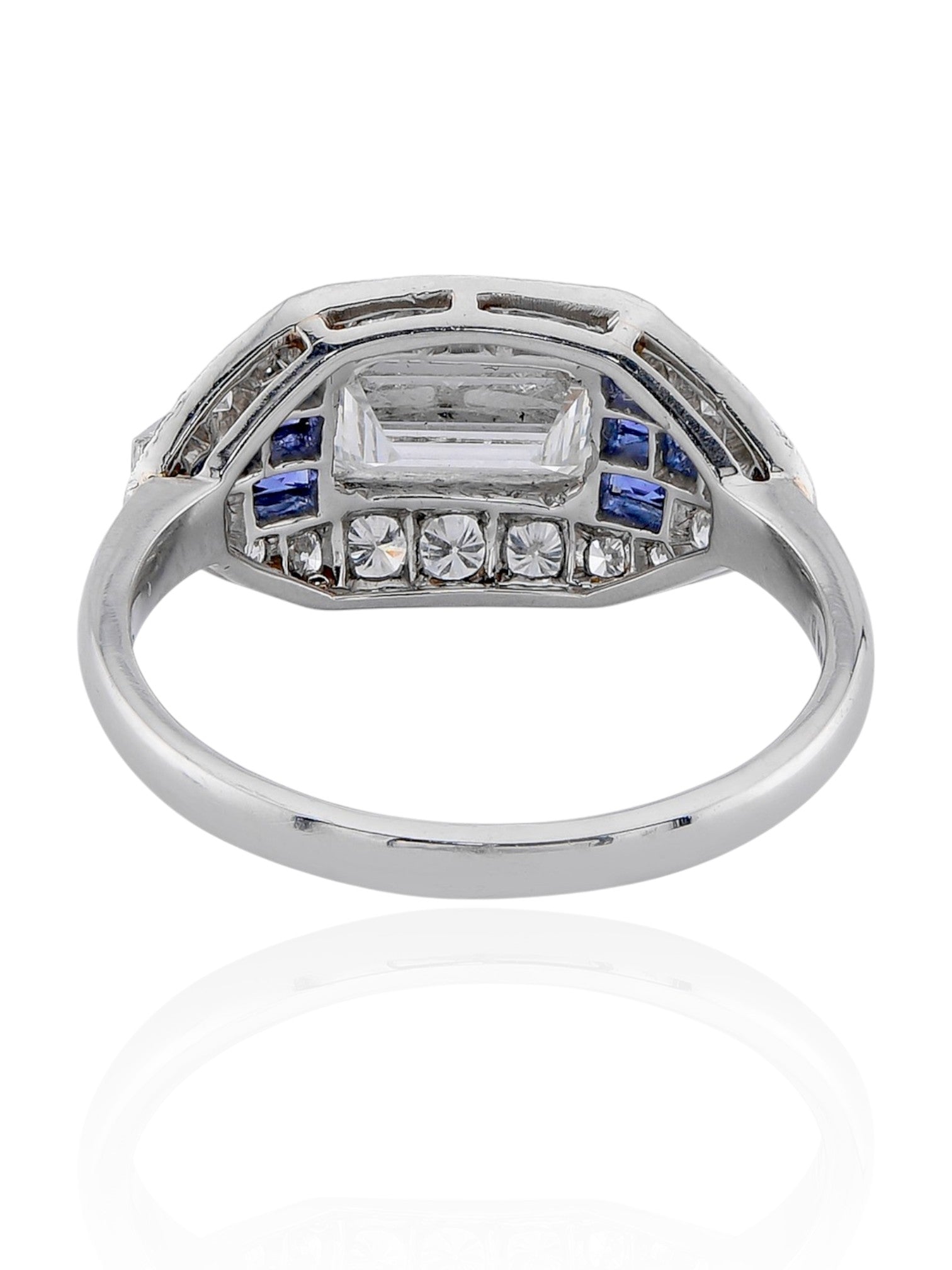 Sophia D Art Deco Emerald-Cut Diamond and Sapphire Ring in Platinum