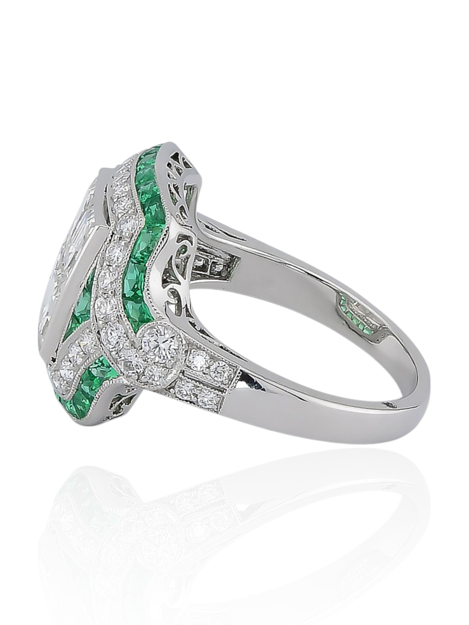Sophia D Art Deco Mosaic Asscher-Cut Diamond and Emerald Ring in Platinum