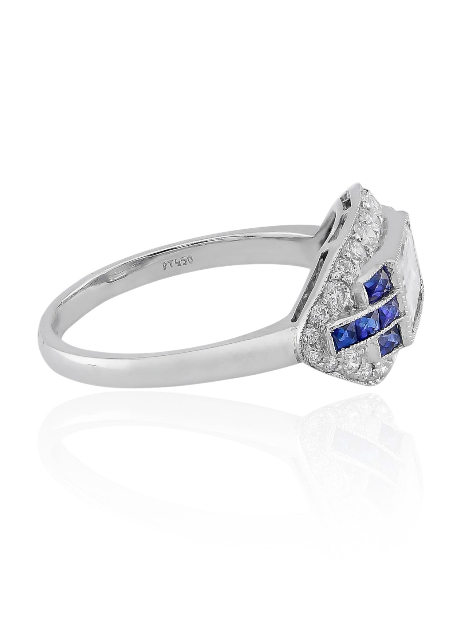 Sophia D Art Deco Emerald-Cut Diamond and Sapphire Ring in Platinum