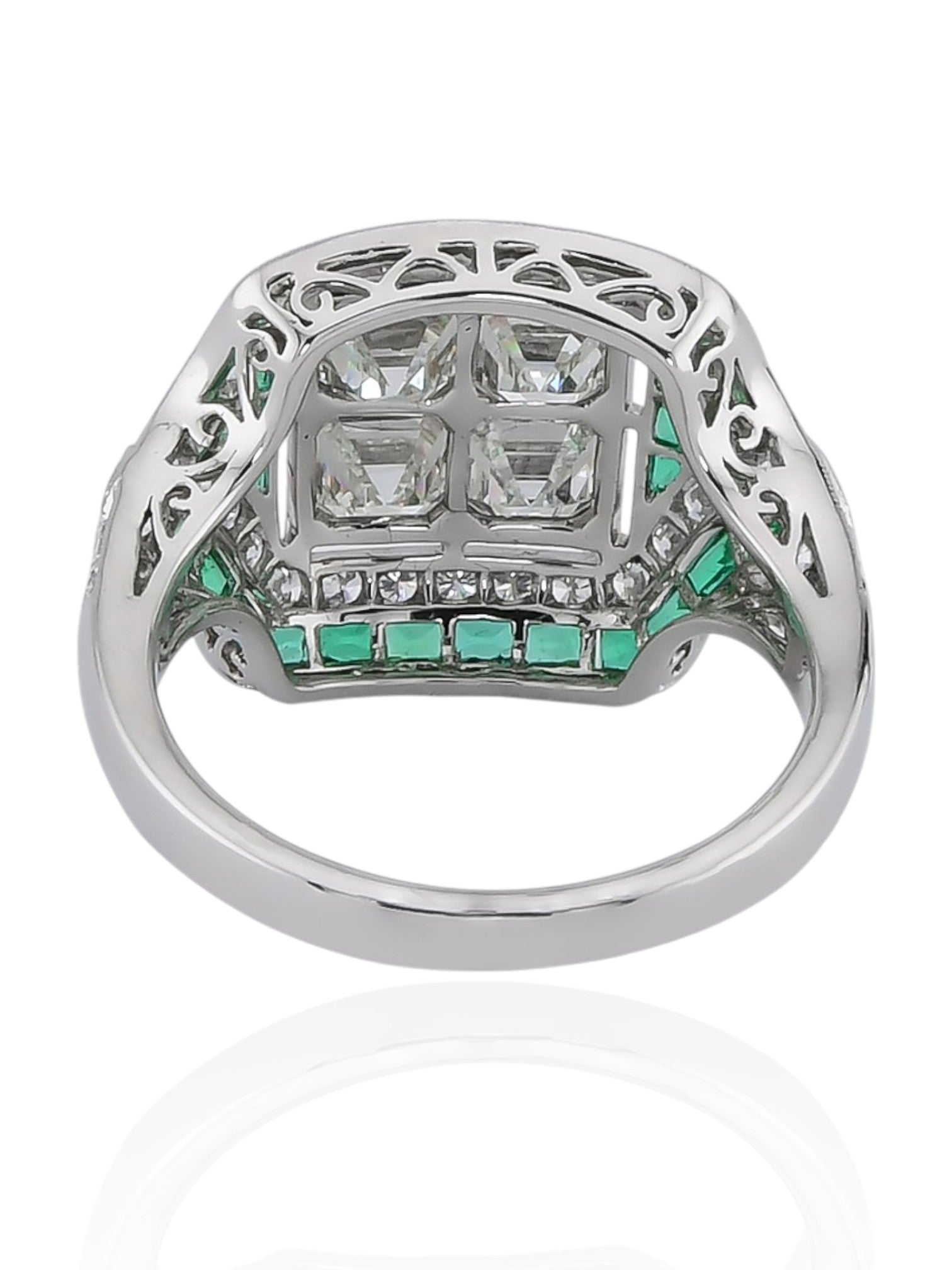 Sophia D Art Deco Mosaic Asscher-Cut Diamond and Emerald Ring in Platinum