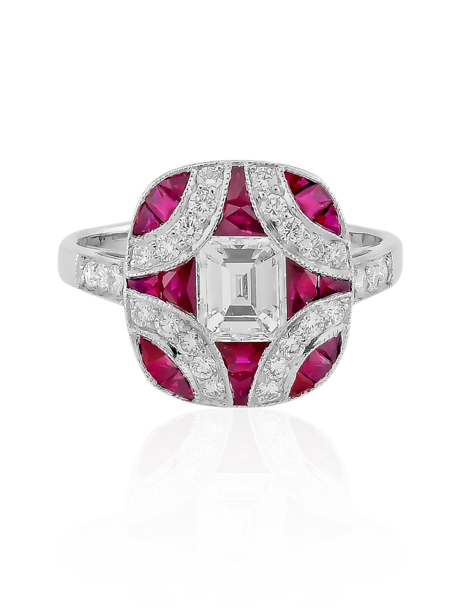 Sophia D Art Deco Emerald Cut Diamond and Ruby Ring in Platinum