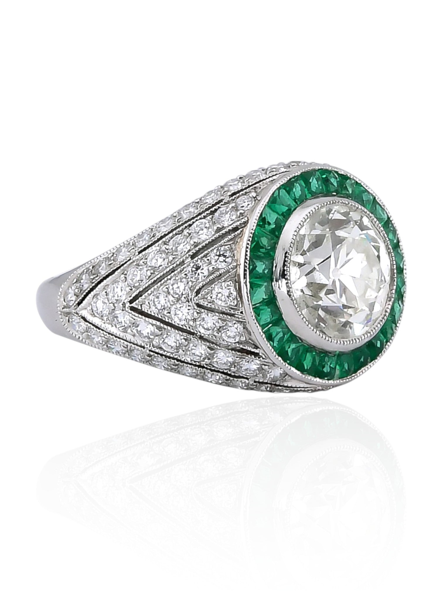 Sophia D Art Deco Round Diamond and Emerald Halo Ring in Platinum