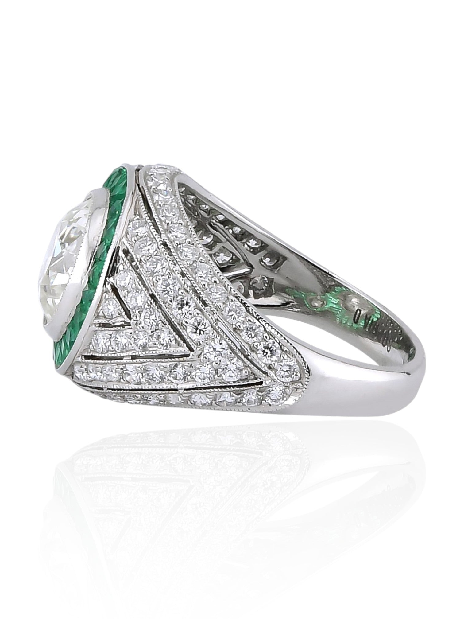 Sophia D Art Deco Round Diamond and Emerald Halo Ring in Platinum