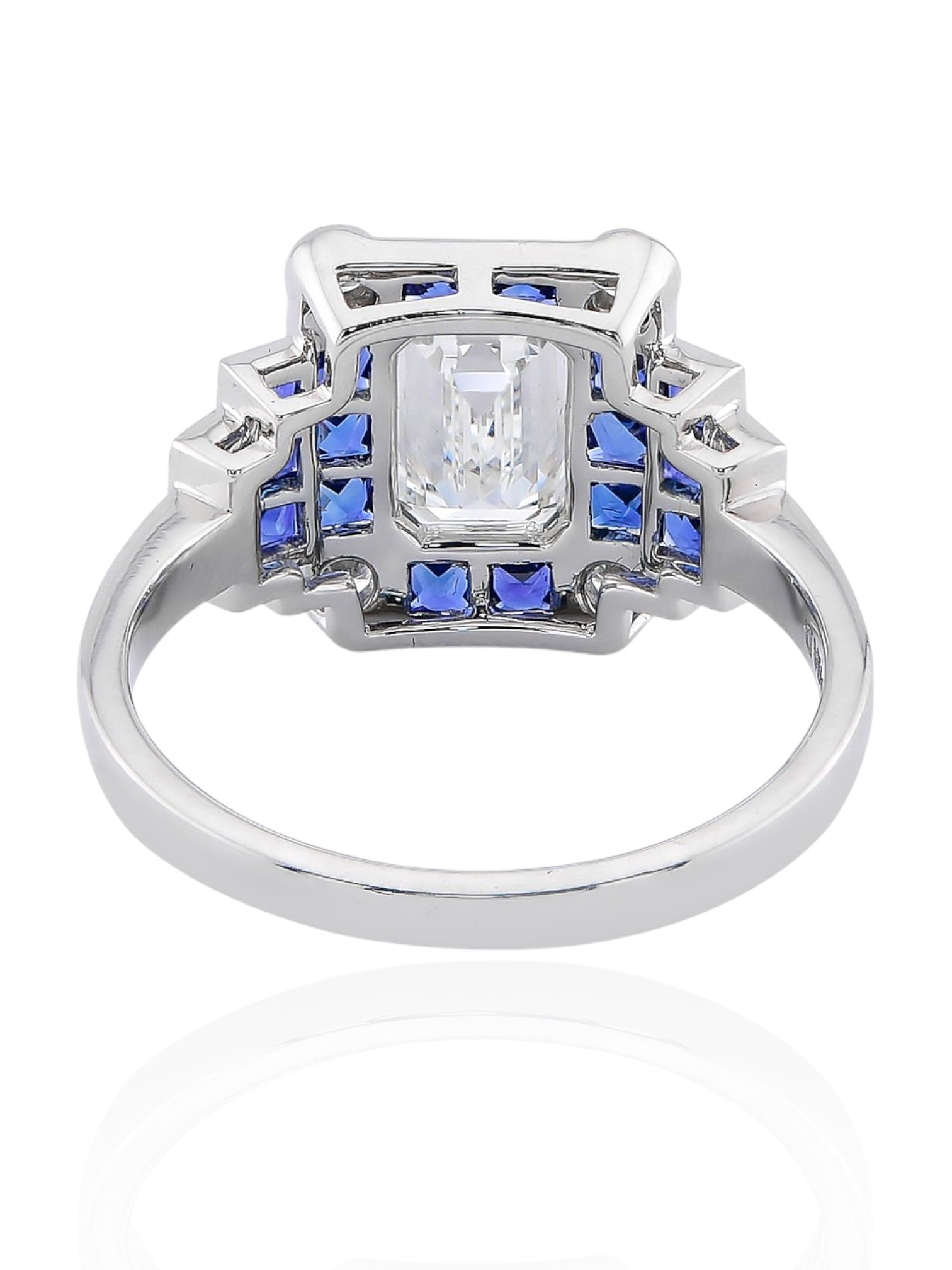Sophia D Art Deco Emerald-Cut Diamond and Sapphire Mosaic Ring in Platinum