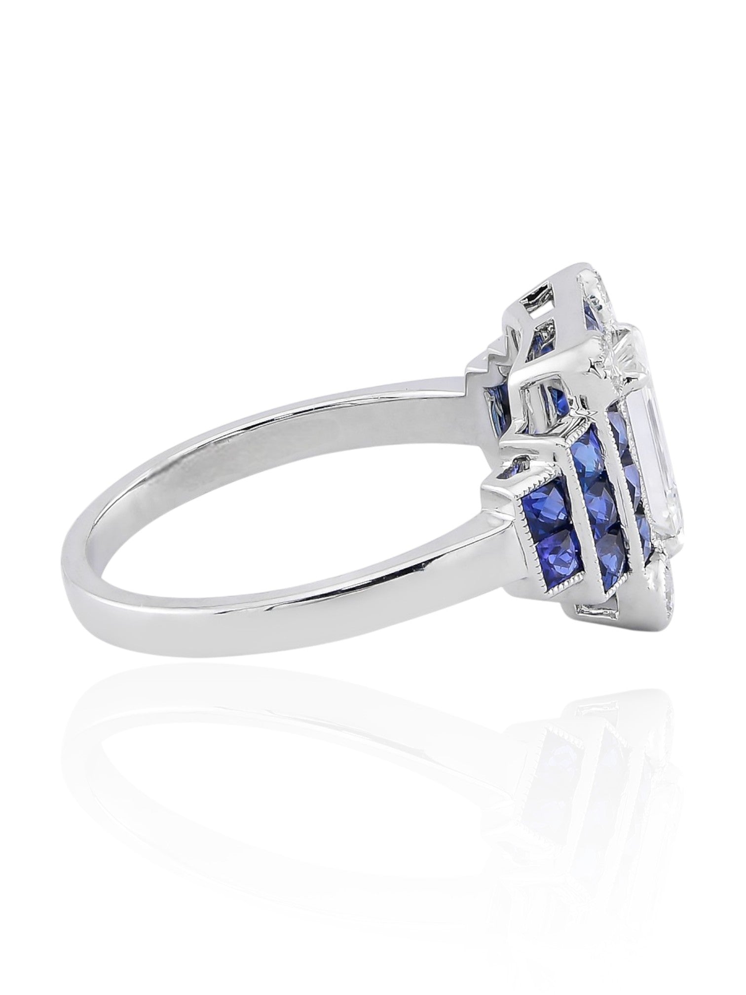 Sophia D Art Deco Emerald-Cut Diamond and Sapphire Mosaic Ring in Platinum