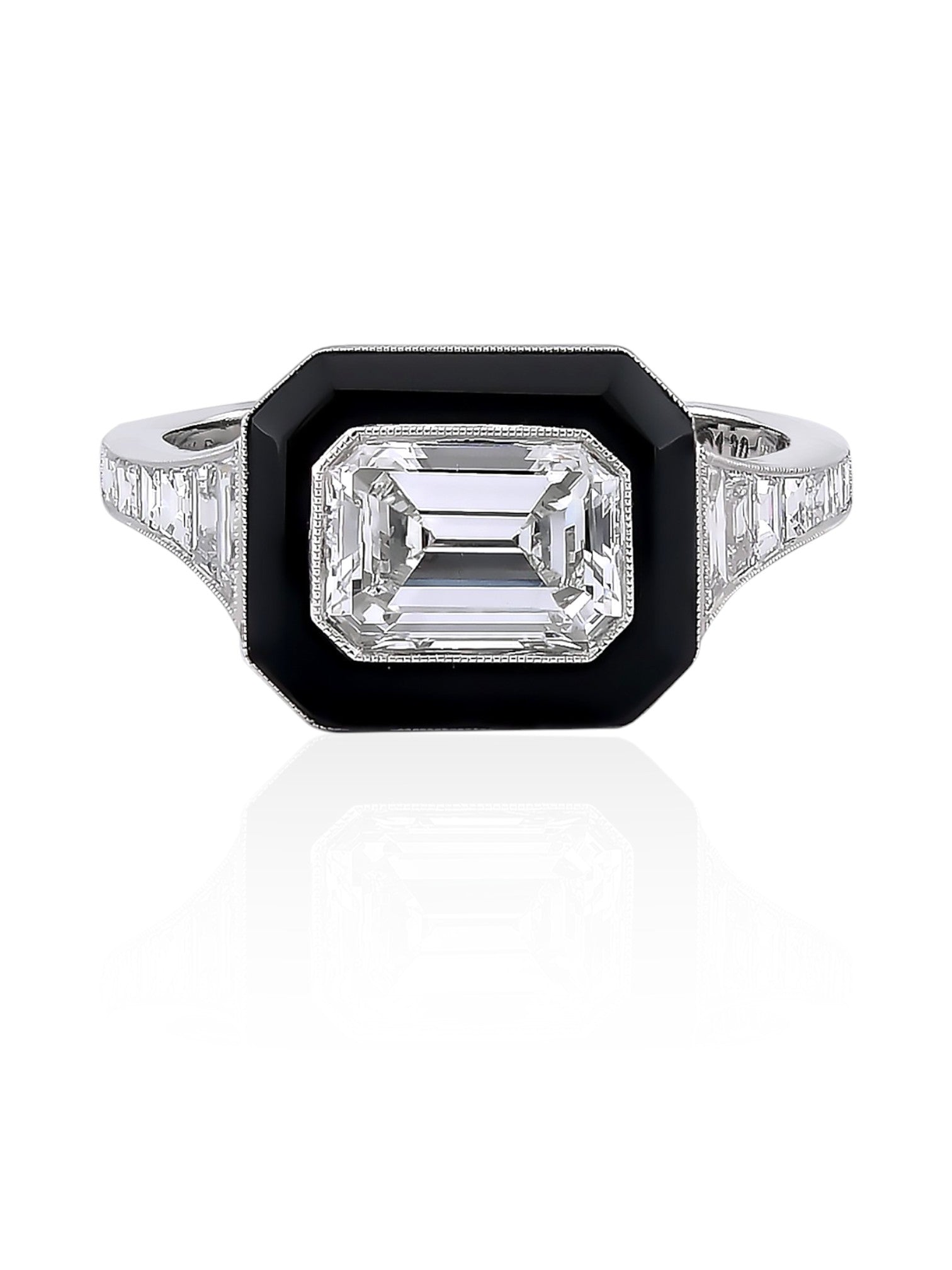 Sophia D Art Deco East-West Mosaic Diamond and Onyx Ring in Platinum