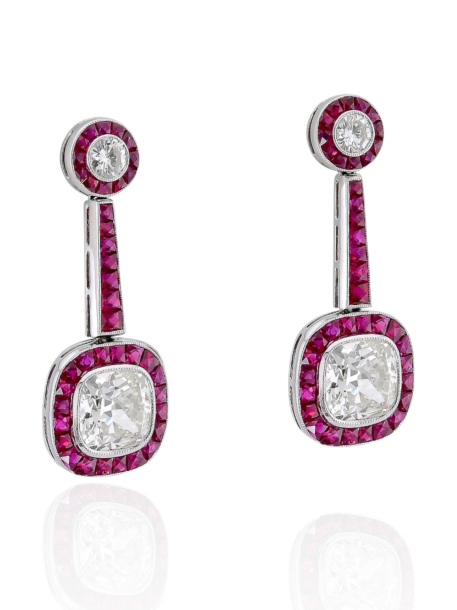 Sophia D Art Deco Cushion-Cut Diamond and Ruby Drop Earrings in Platinum
