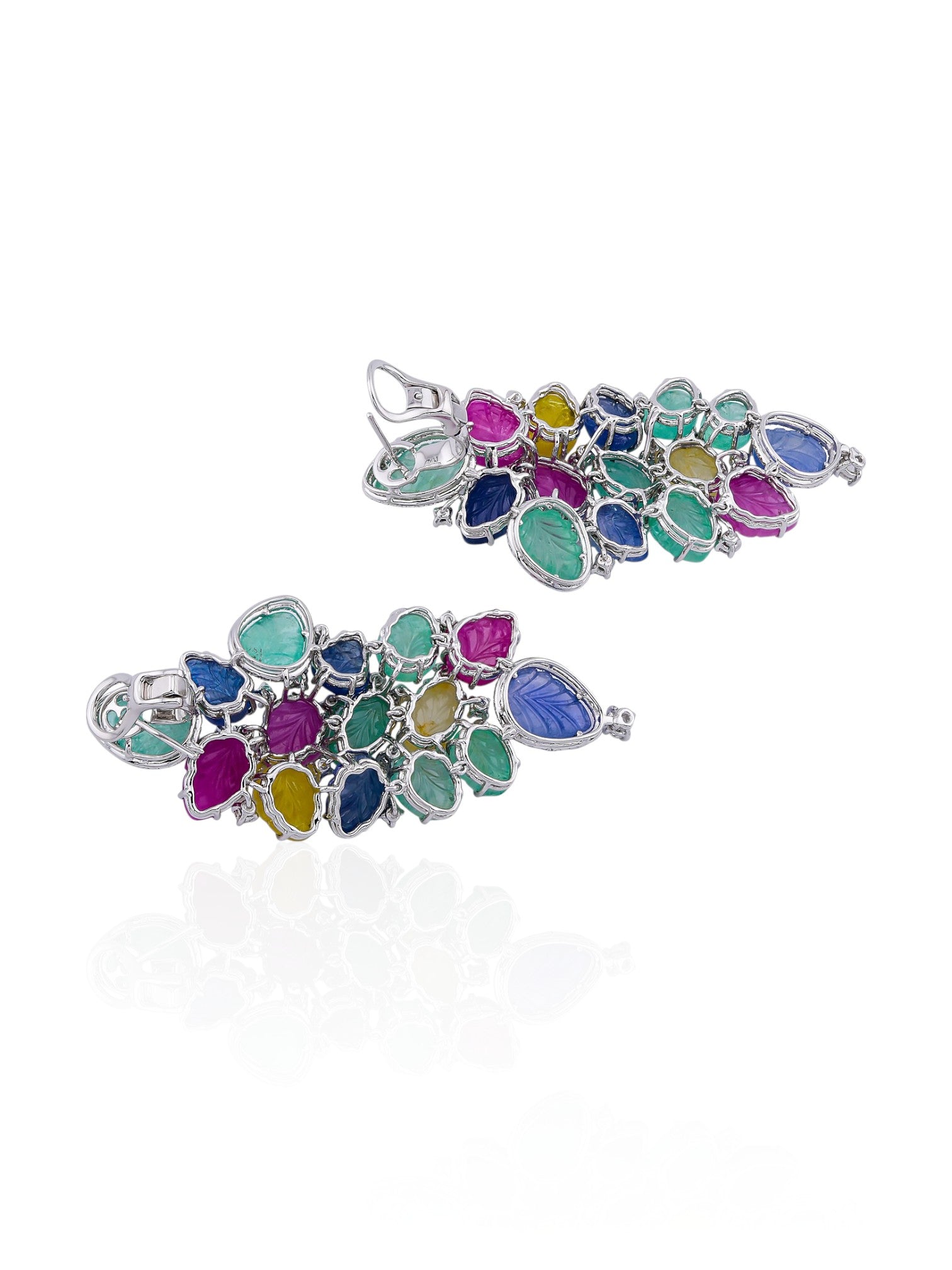 Sophia D Multi-Gemstone Carved Leaf Earrings in 18K White Gold
