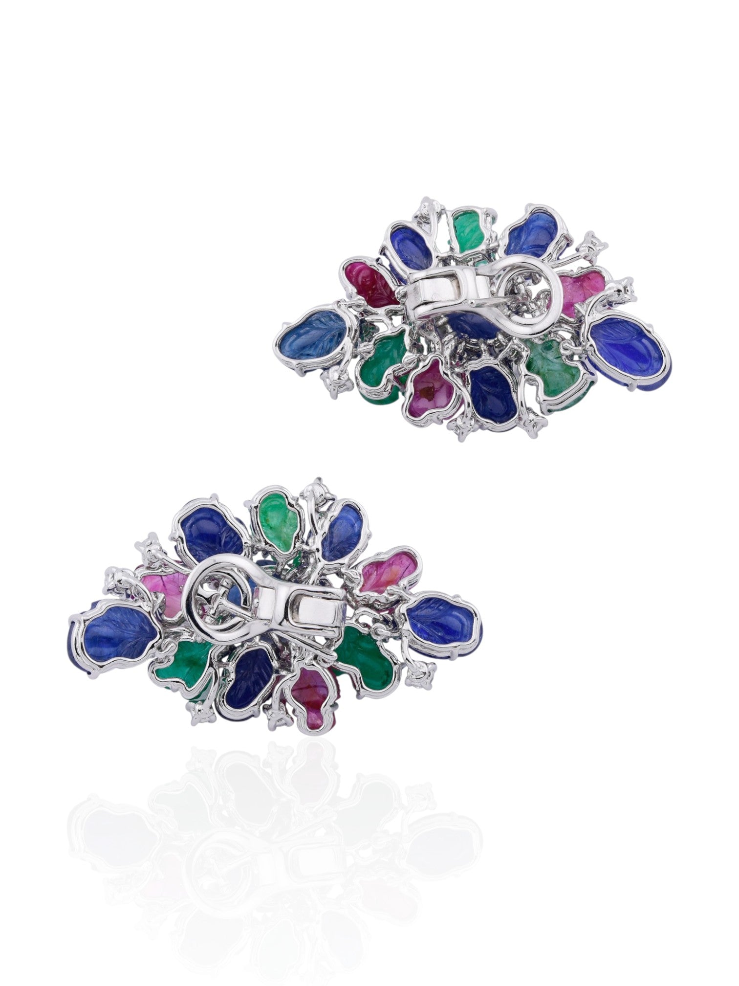 Sophia D Carved Ruby, Sapphire, and Emerald Floral Earrings in 18K White Gold
