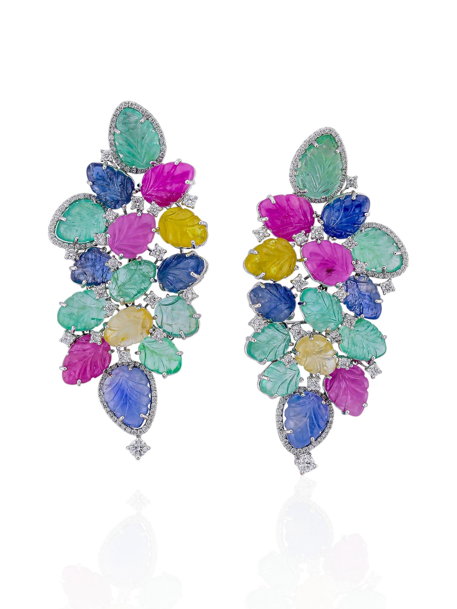 Sophia D Multi-Gemstone Carved Leaf Earrings in 18K White Gold