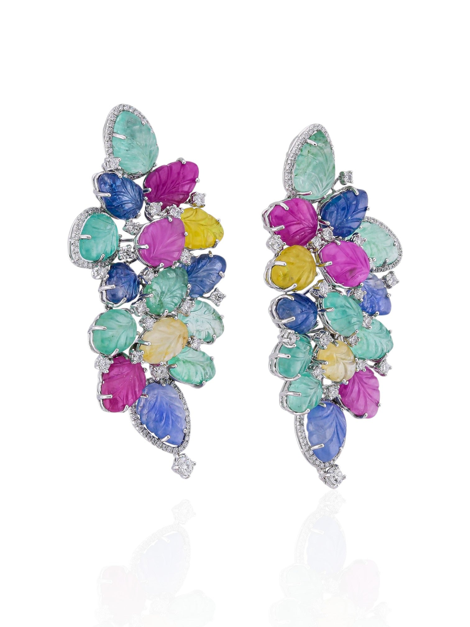 Sophia D Multi-Gemstone Carved Leaf Earrings in 18K White Gold