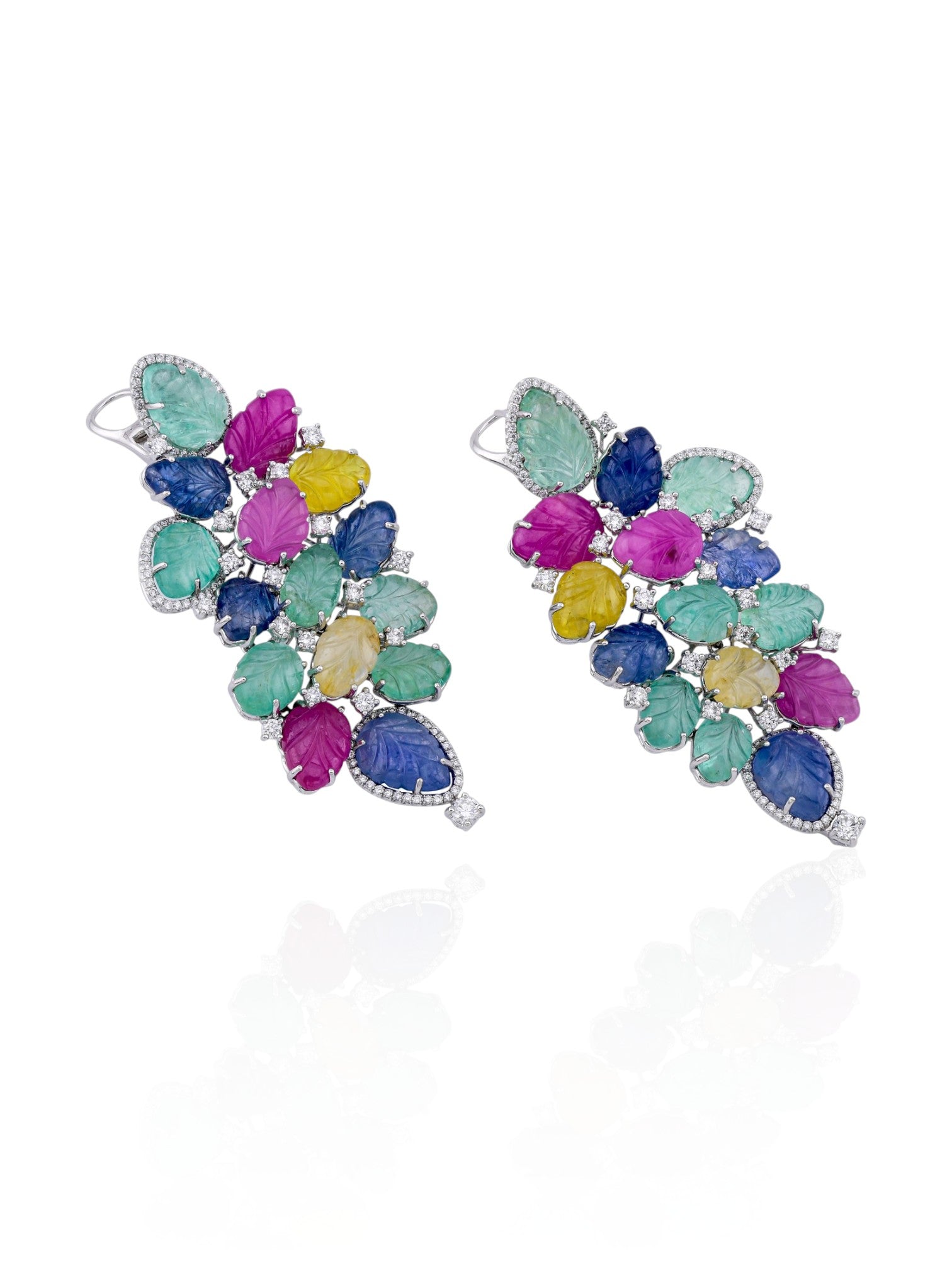 Sophia D Multi-Gemstone Carved Leaf Earrings in 18K White Gold