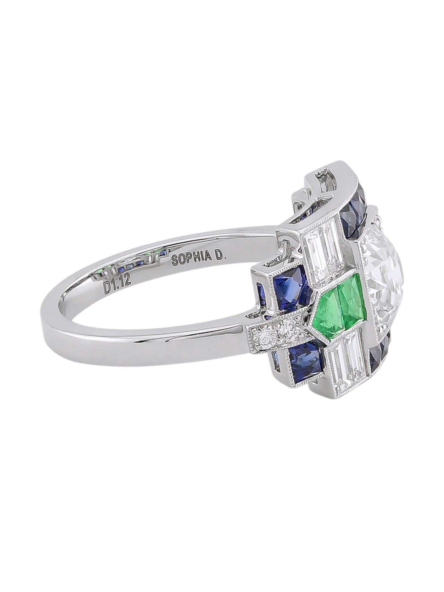 Sophia D Art Deco Mosaic Emerald, Sapphire, and Diamond Ring in Platinum