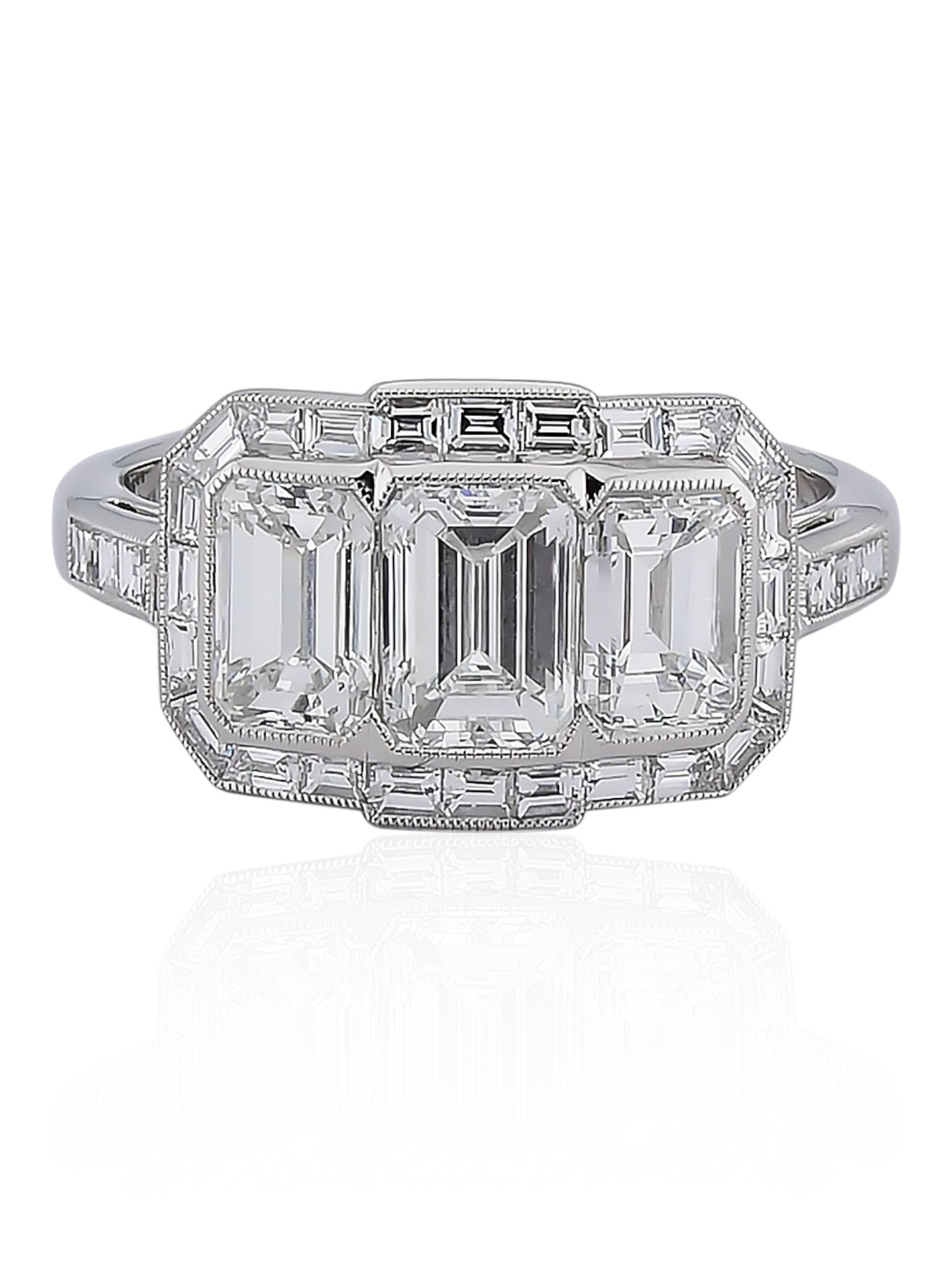 Sophia D Art Deco Three-Stone Emerald-Cut Diamond Ring in Platinum