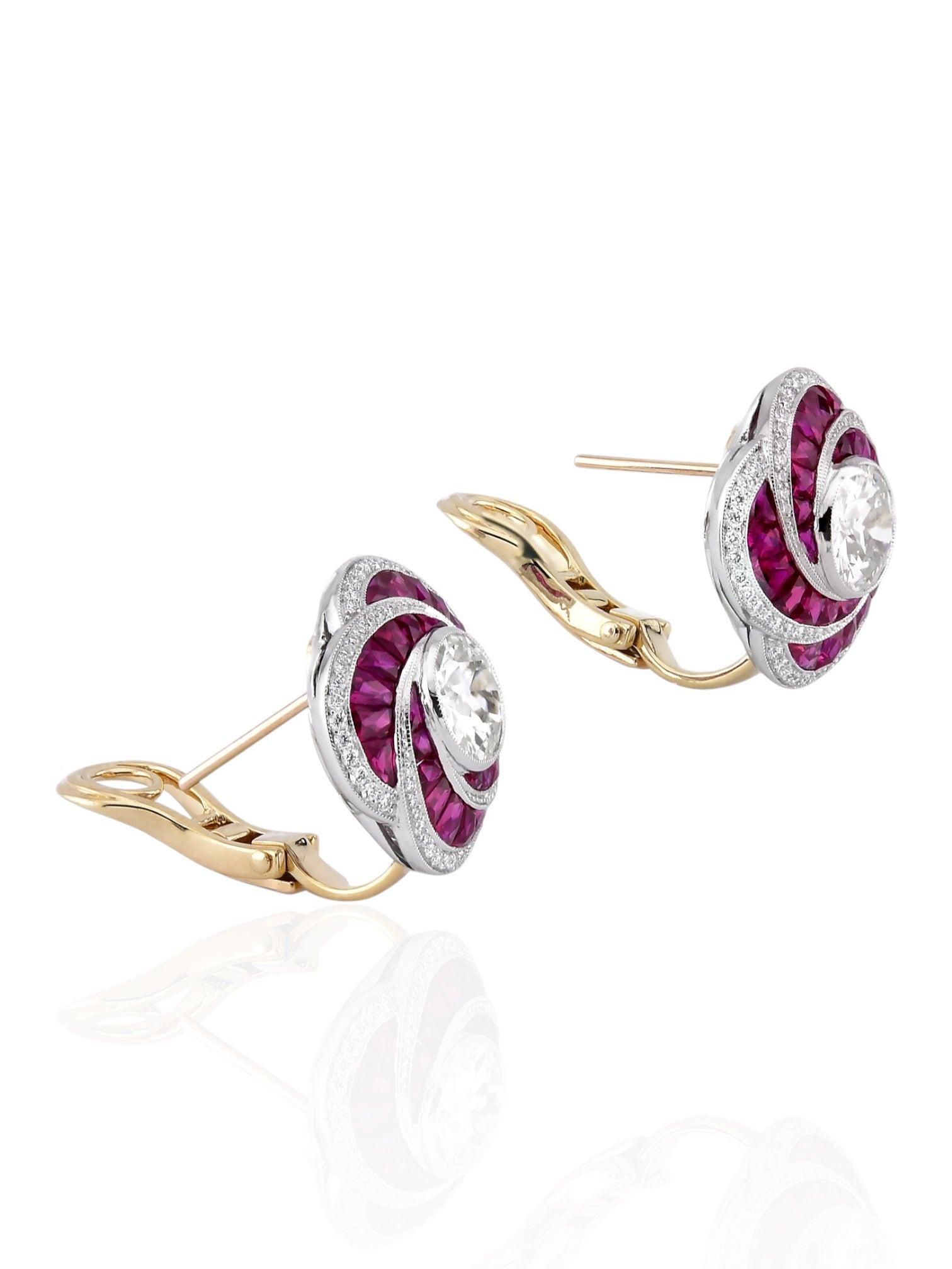Sophia D Art Deco Ruby Swirl Earrings in Platinum and 18K Yellow Gold