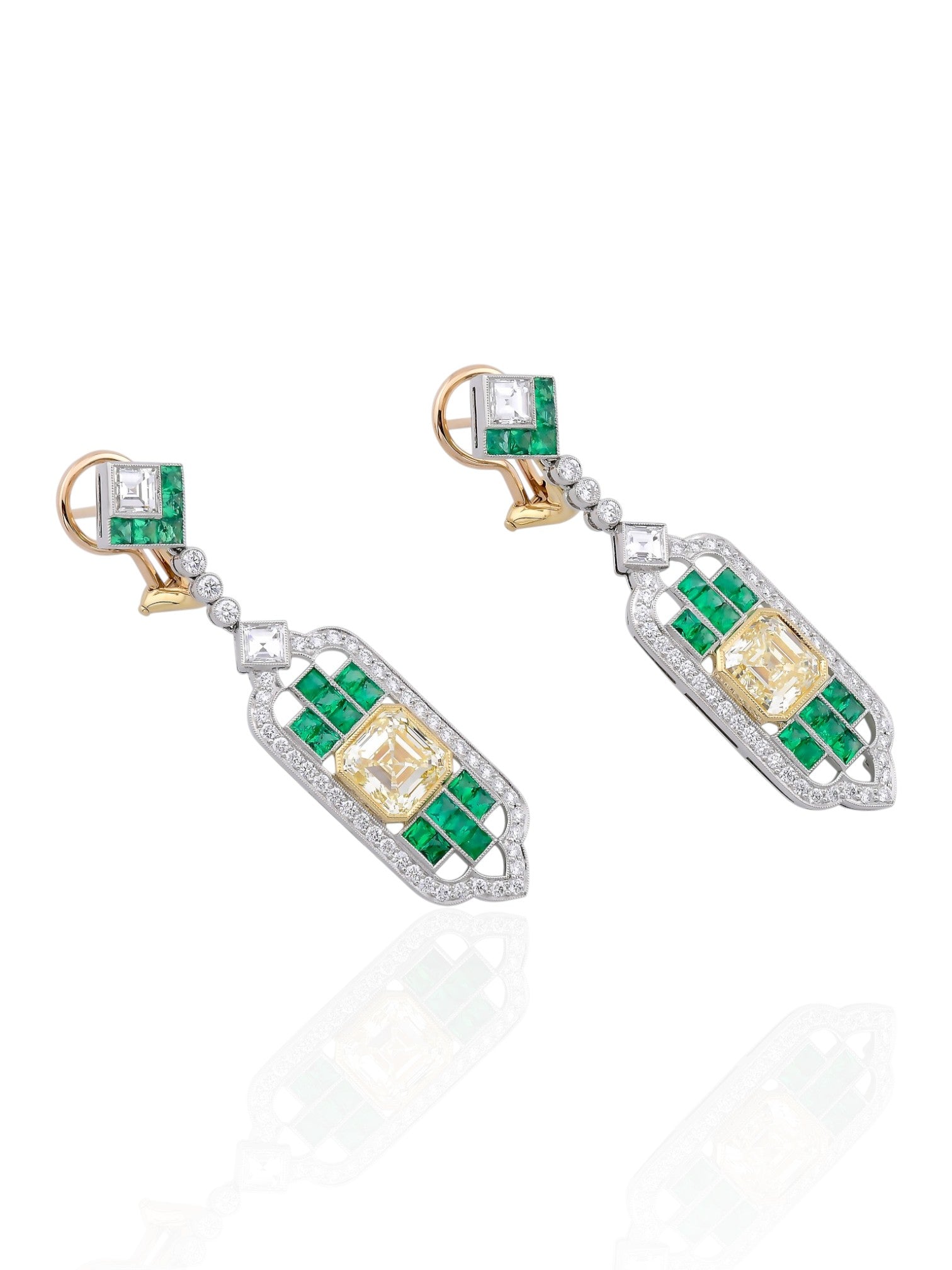 Sophia D Art Deco Yellow Diamond & Emerald Drop Earrings in Platinum and 18K Yellow Gold