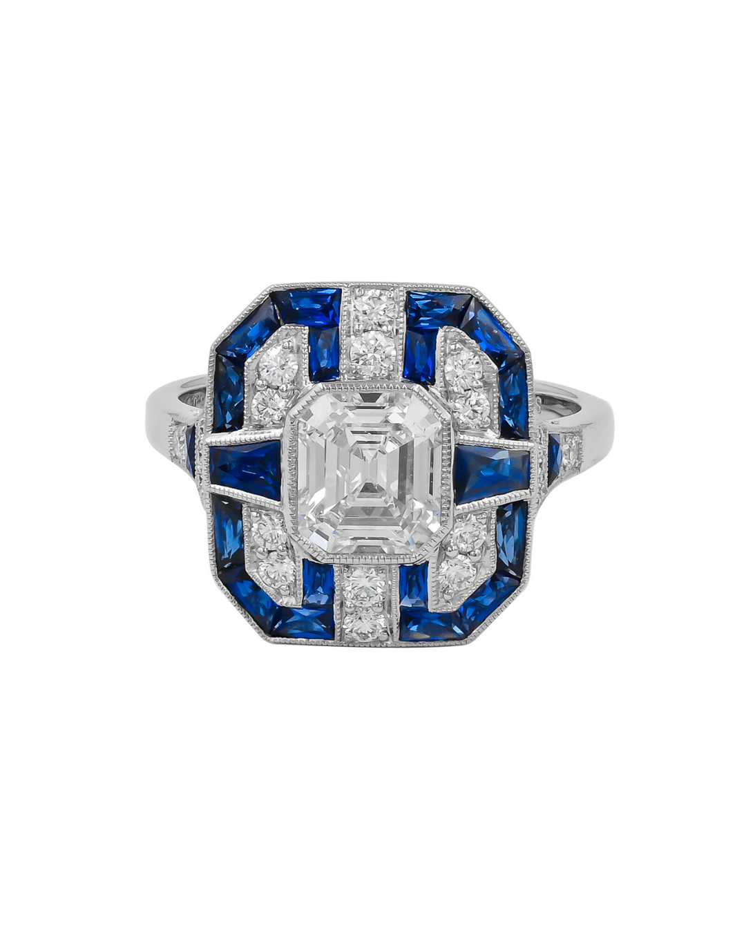Sophia D. Sapphire and Diamond Ring with Asscher Cut Center and Sapphire Tapered Trapezoids