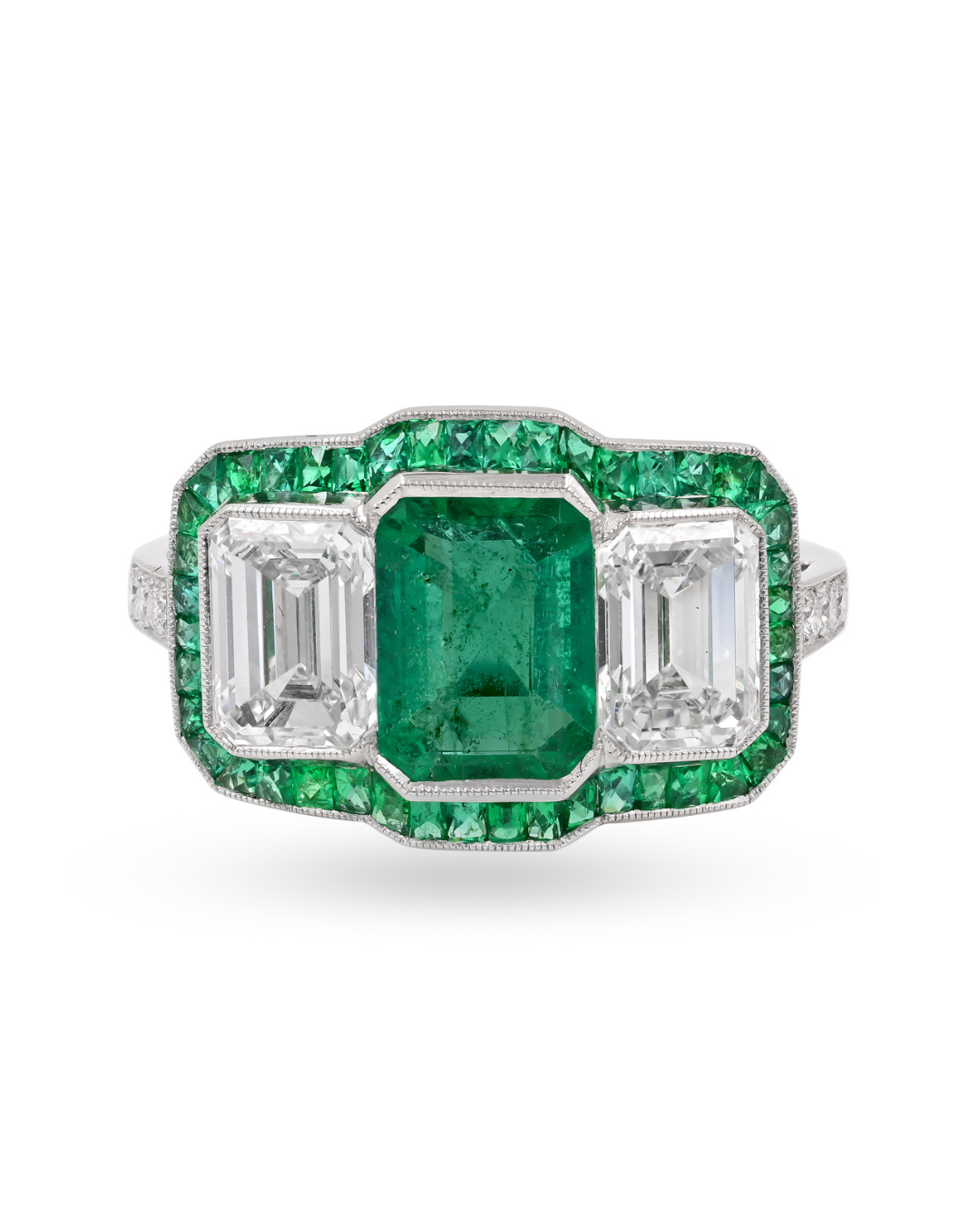 Sophia D. Three Stone Ring with Emerald Center and Diamond Side Stones, Surrounded by French Cut Emeralds