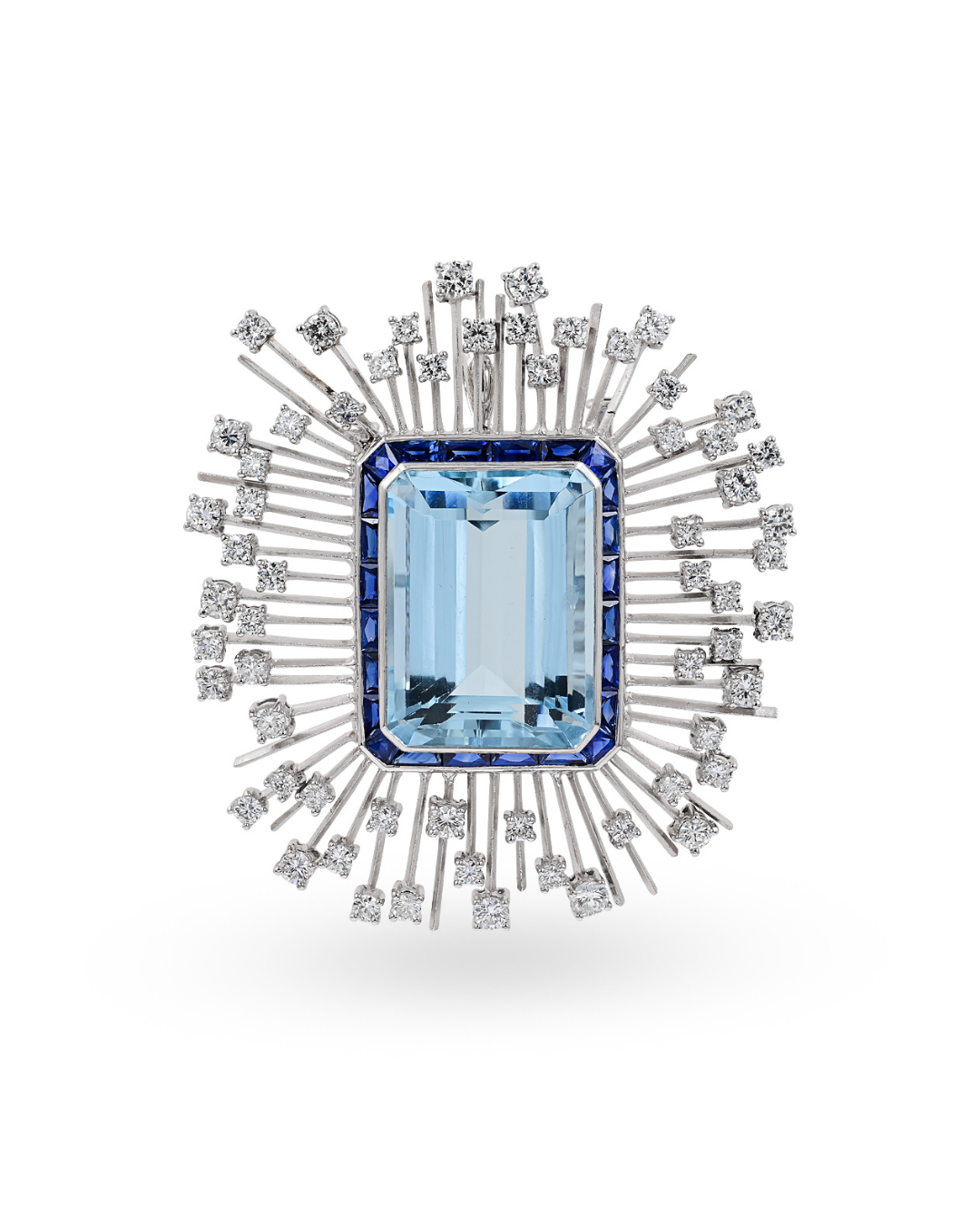 Sophia D. 35 Carat Emerald Cut Aquamarine with French Cut Blue Sapphires and Platinum Stems with Diamonds