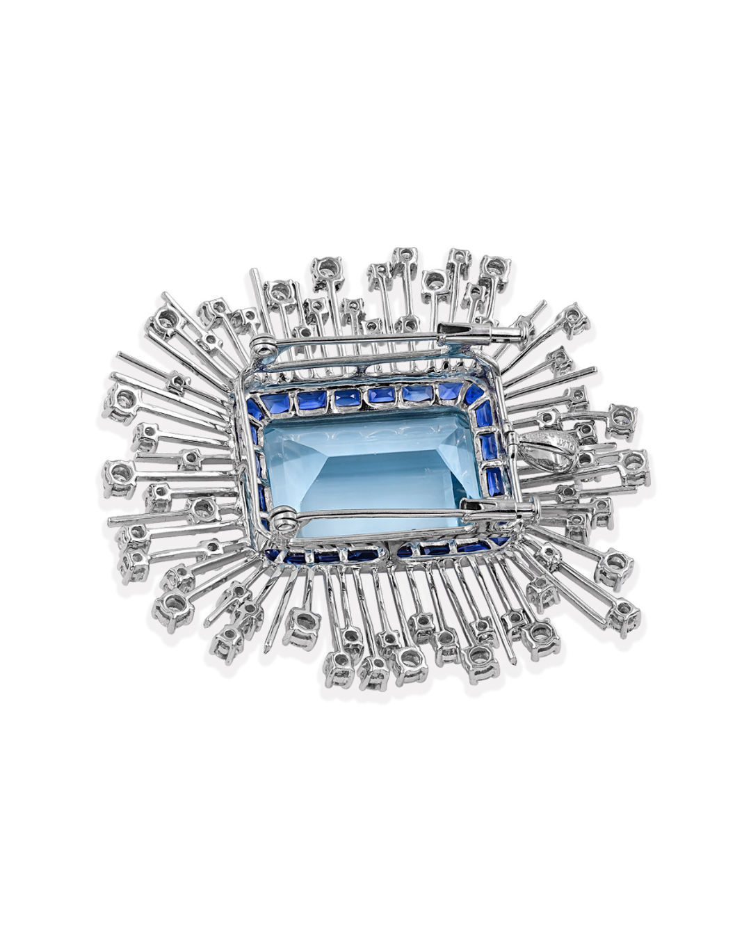Sophia D. 35 Carat Emerald Cut Aquamarine with French Cut Blue Sapphires and Platinum Stems with Diamonds