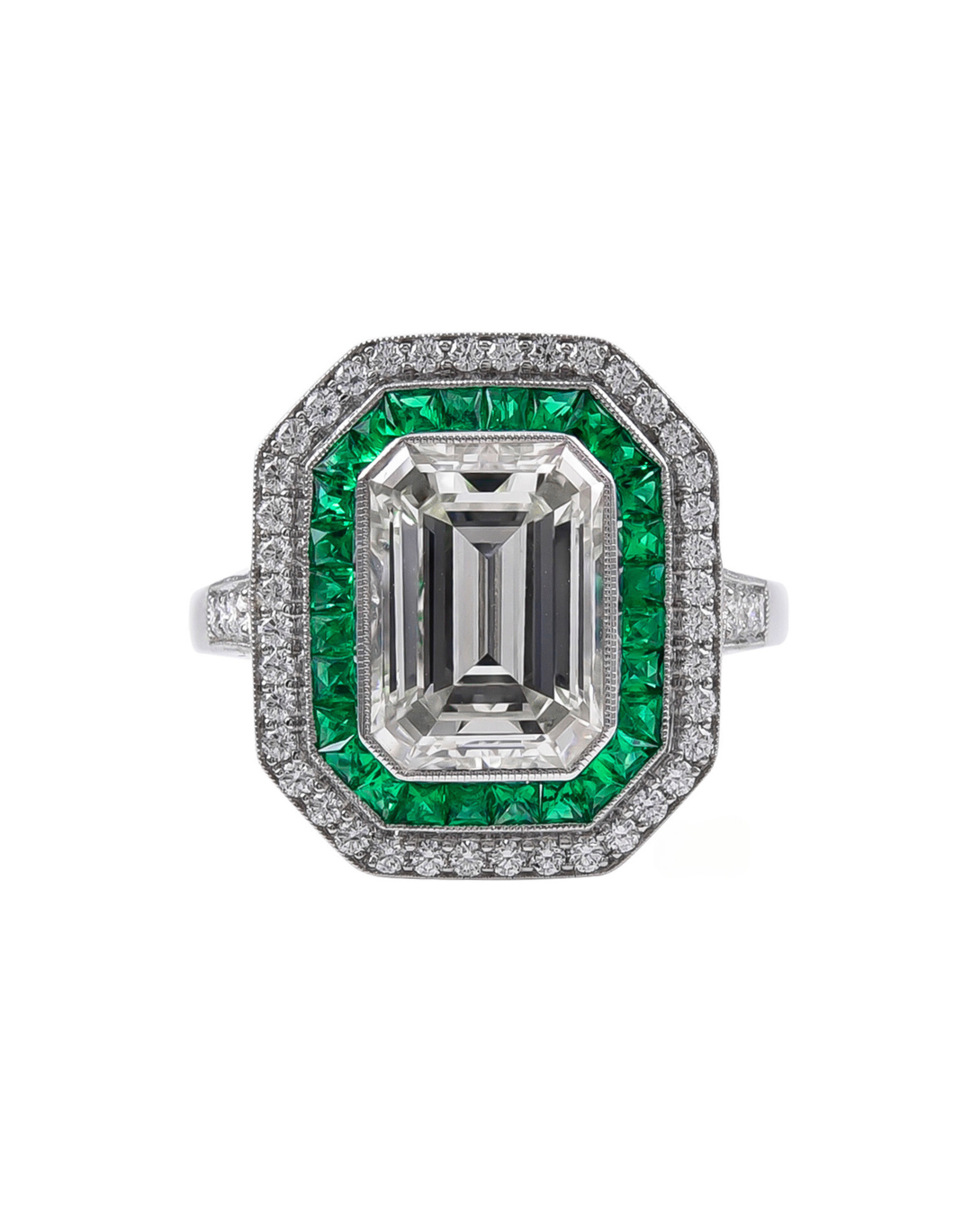 Sophia D. Emerald Cut Diamond Ring with French Cut Emerald Halo and Diamond Halo