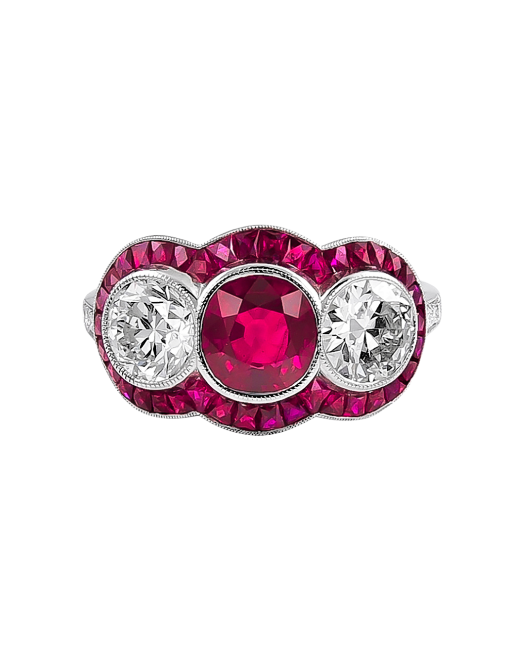 Sophia D. Three Stone Ring with Ruby Center and Diamond Side Stones and a French Cut Ruby Halo