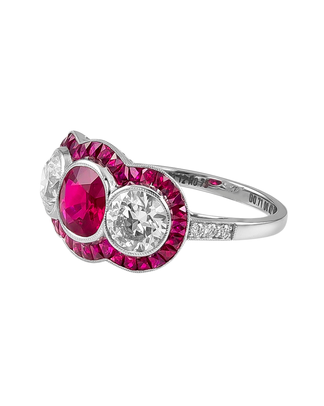 Sophia D. Three Stone Ring with Ruby Center and Diamond Side Stones and a French Cut Ruby Halo