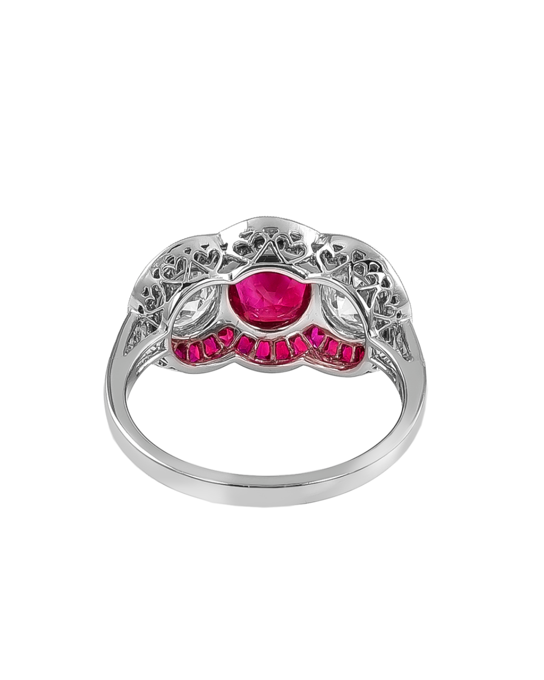 Sophia D. Three Stone Ring with Ruby Center and Diamond Side Stones and a French Cut Ruby Halo