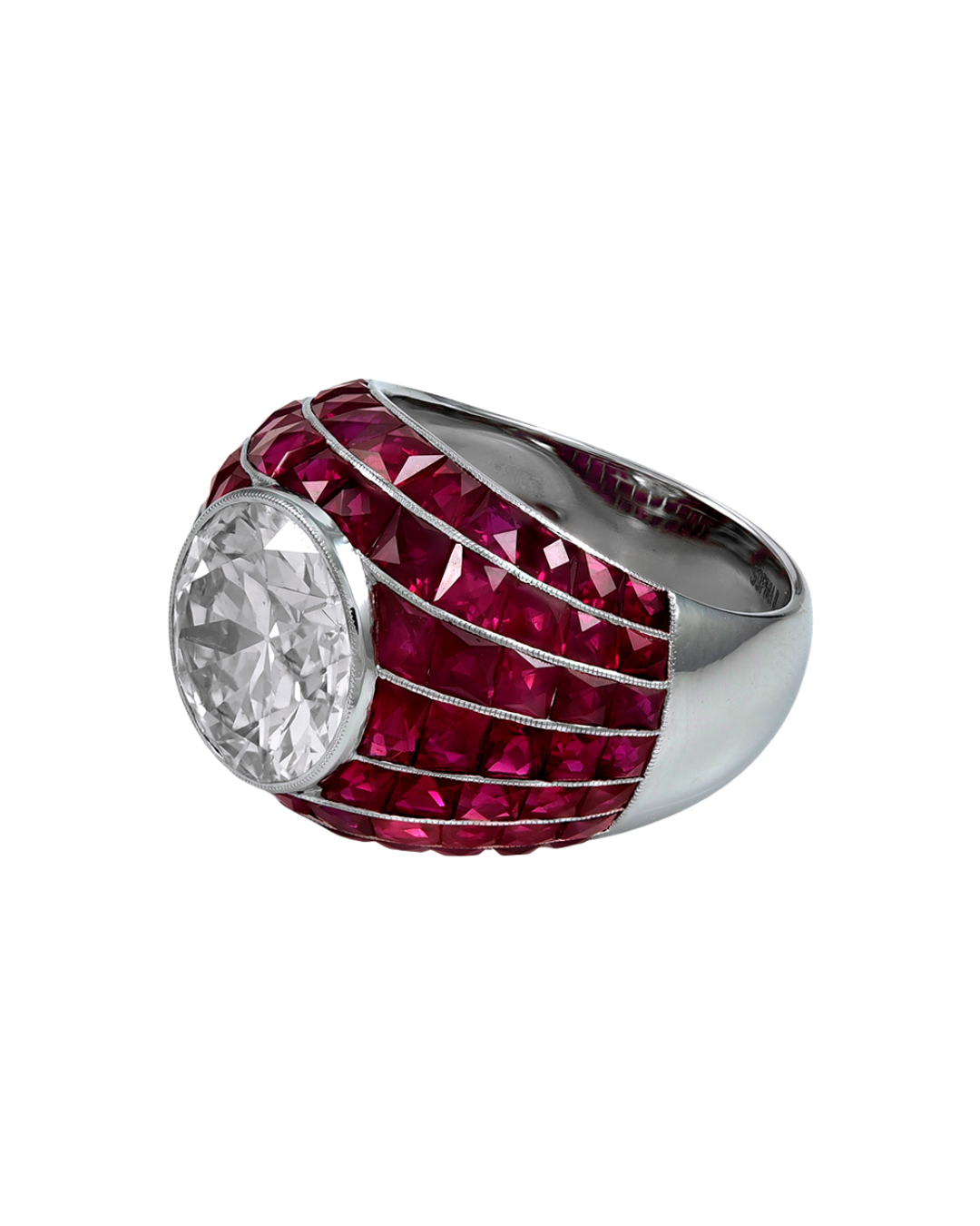 Sophia D. French Cut Ruby Bombe Ring With Round Diamond Center