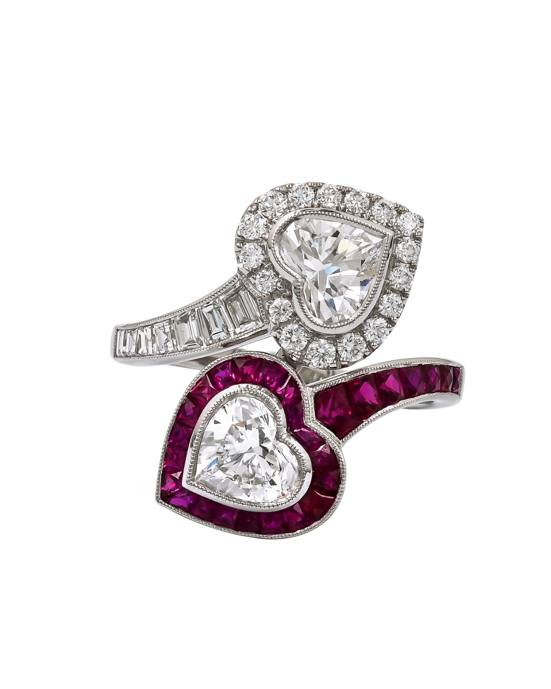 Double-Heart Ruby and Diamond Toi et Moi ring