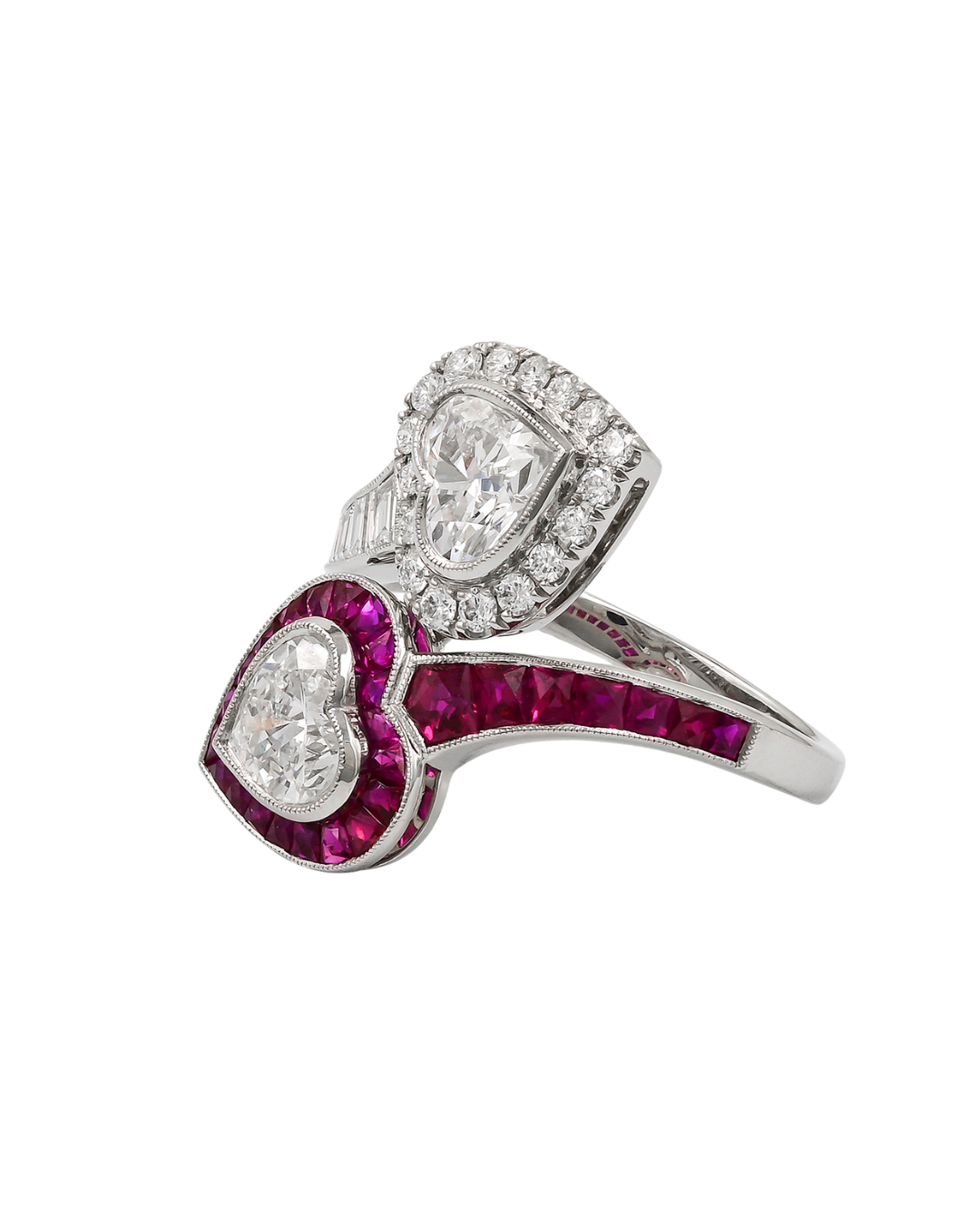 Double-Heart Ruby and Diamond Toi et Moi ring