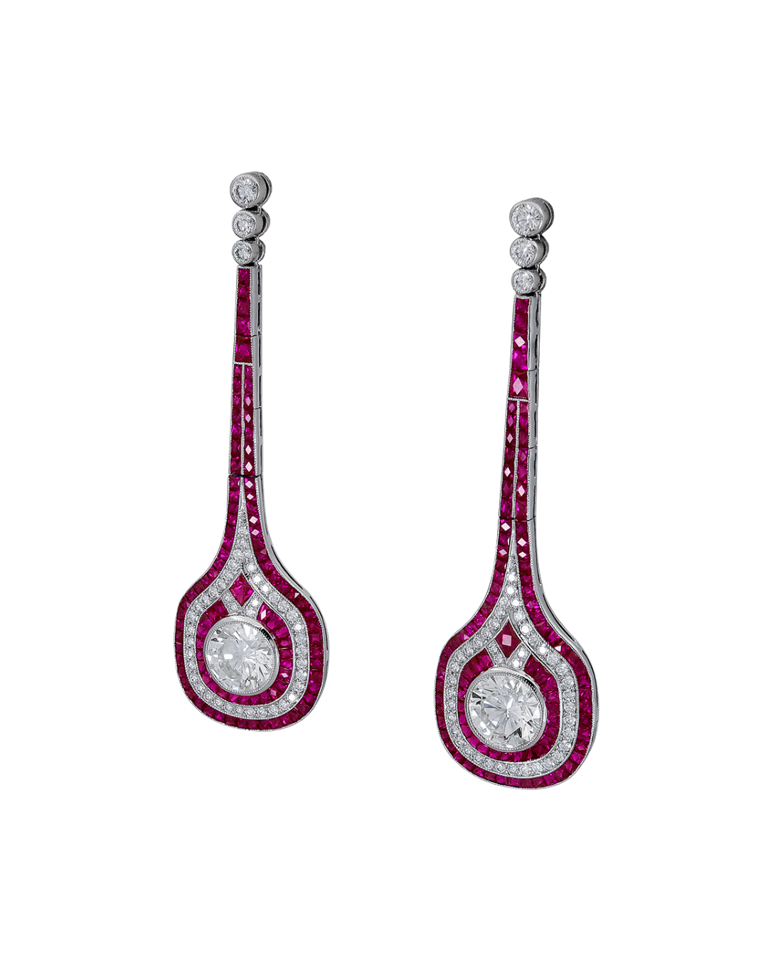 Sophia D. French Cut Ruby and Diamond Drop Earrings with Round Diamond Center