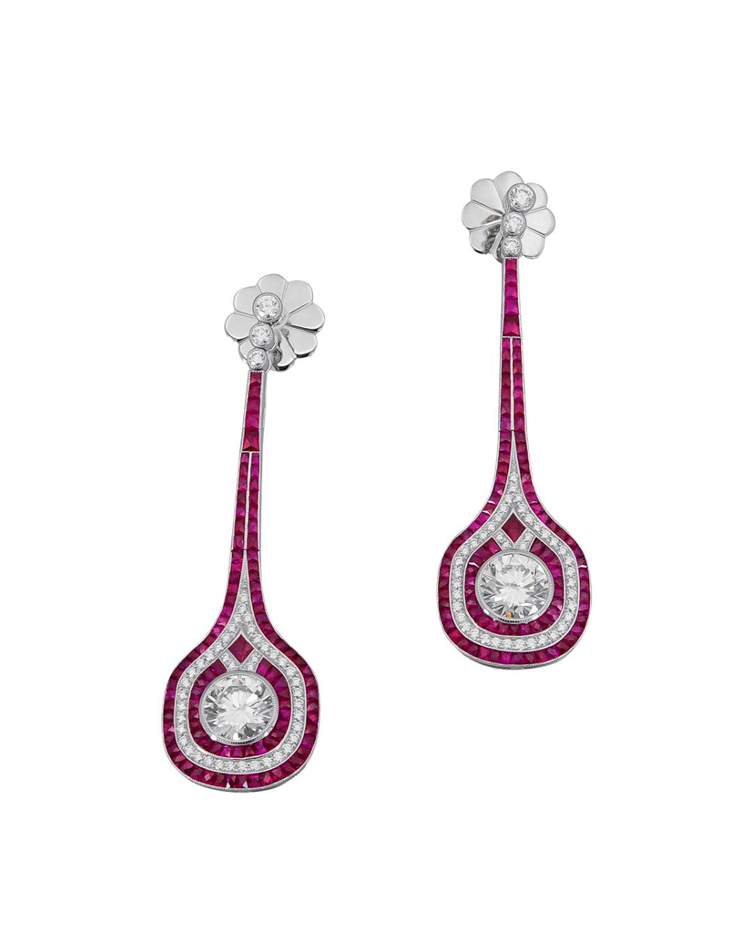 Sophia D. French Cut Ruby and Diamond Drop Earrings with Round Diamond Center