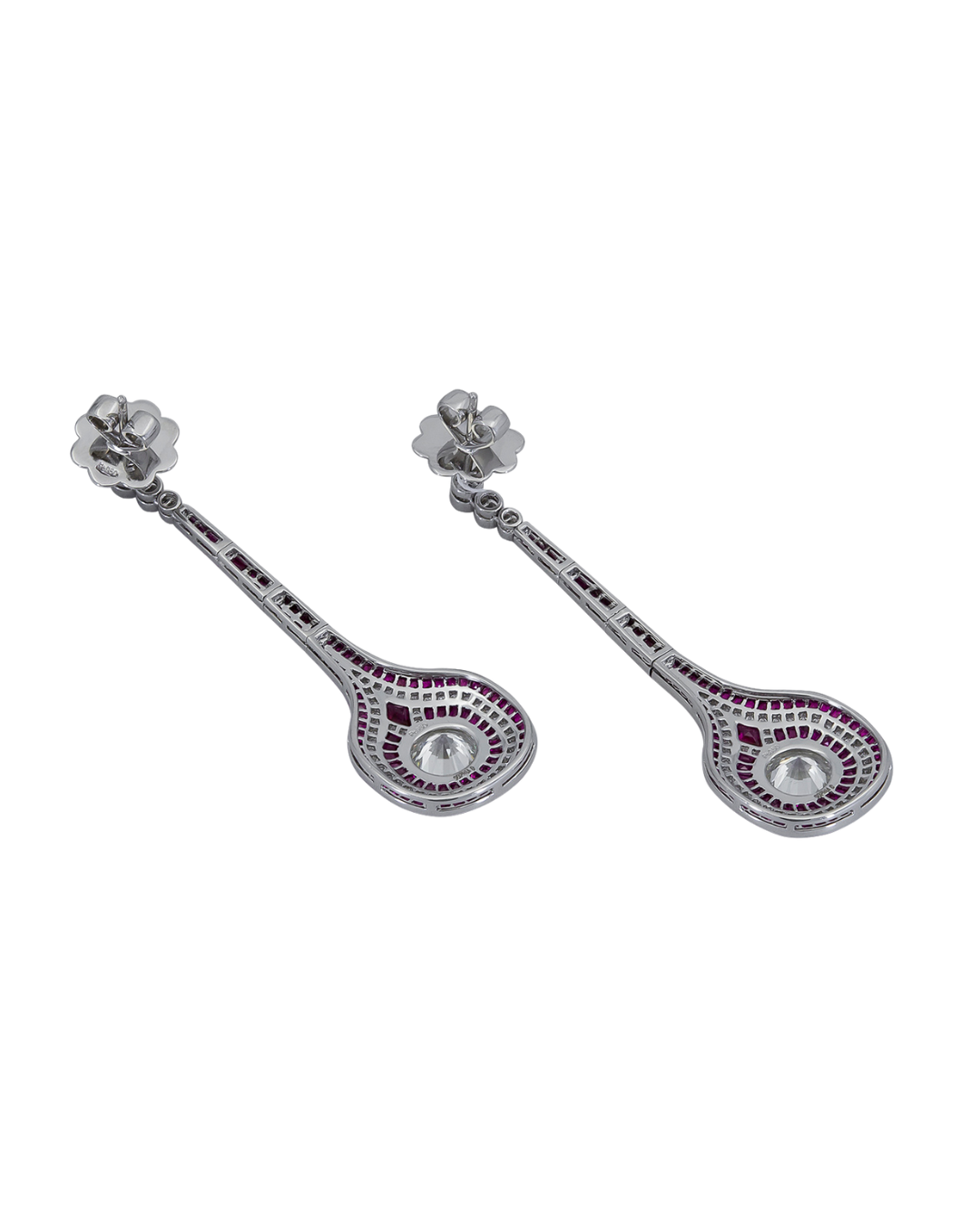 Sophia D. French Cut Ruby and Diamond Drop Earrings with Round Diamond Center