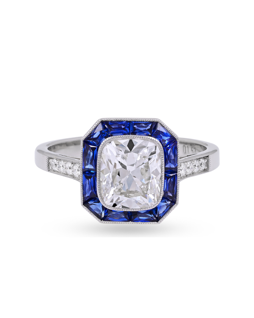 Sophia D. Cushion Cut Diamond with French Cut Sapphire Halo
