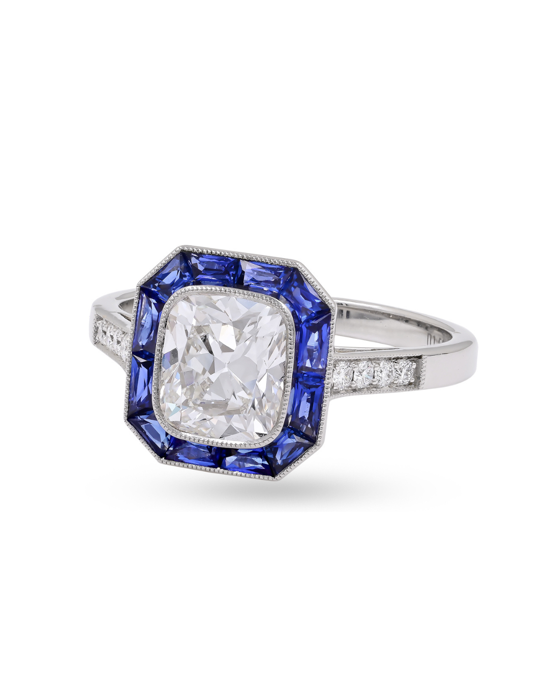Sophia D. Cushion Cut Diamond with French Cut Sapphire Halo