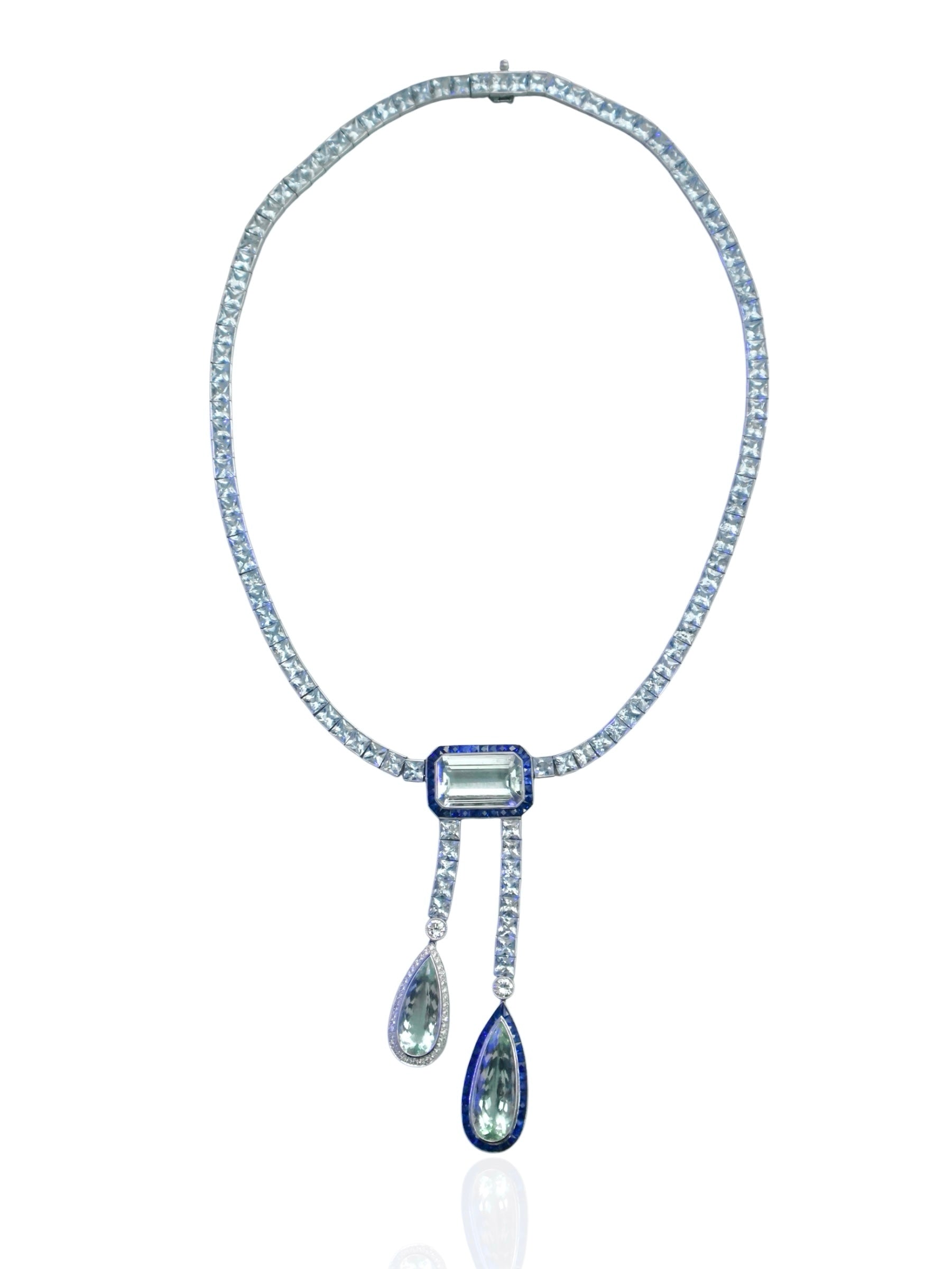 Sophia D Art Deco Aquamarine, Sapphire and Diamond Necklace in Platinum
