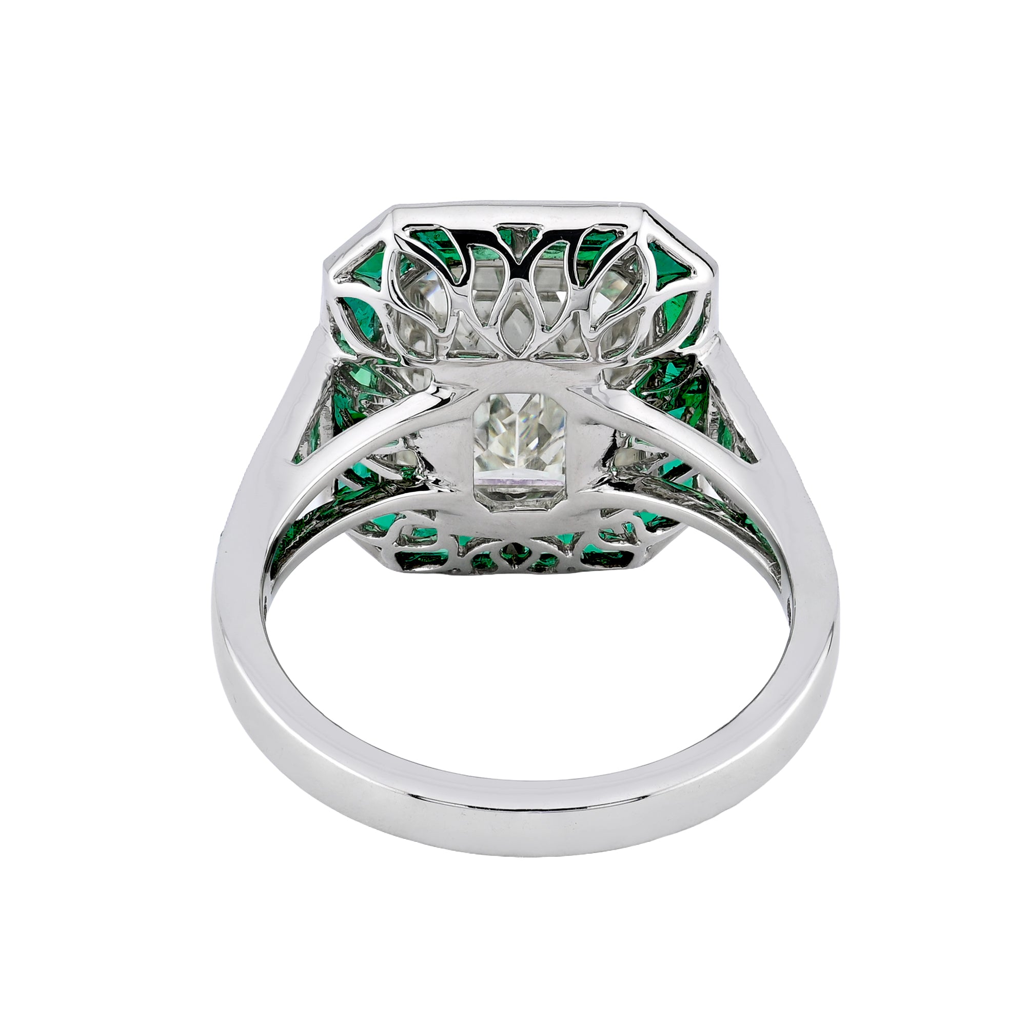 Sophia D Art Deco Emerald Cut Diamond and Emerald Ring Platinum