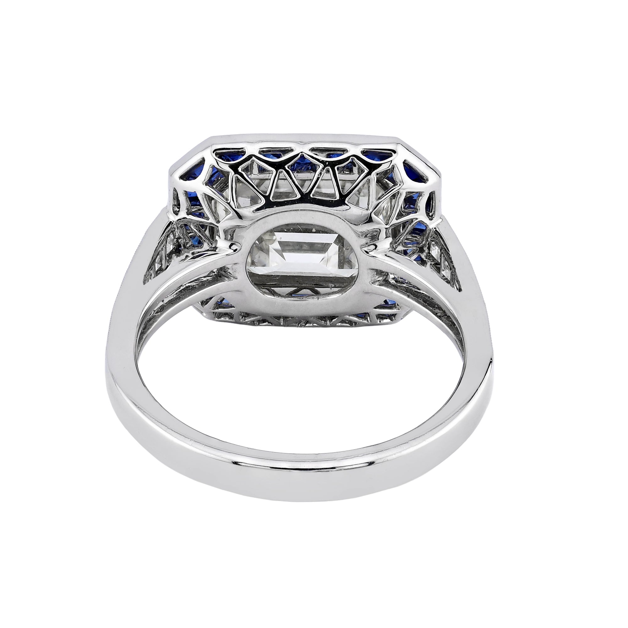 Sophia D Art Deco Emerald Cut Diamond and Sapphire Ring Platinum