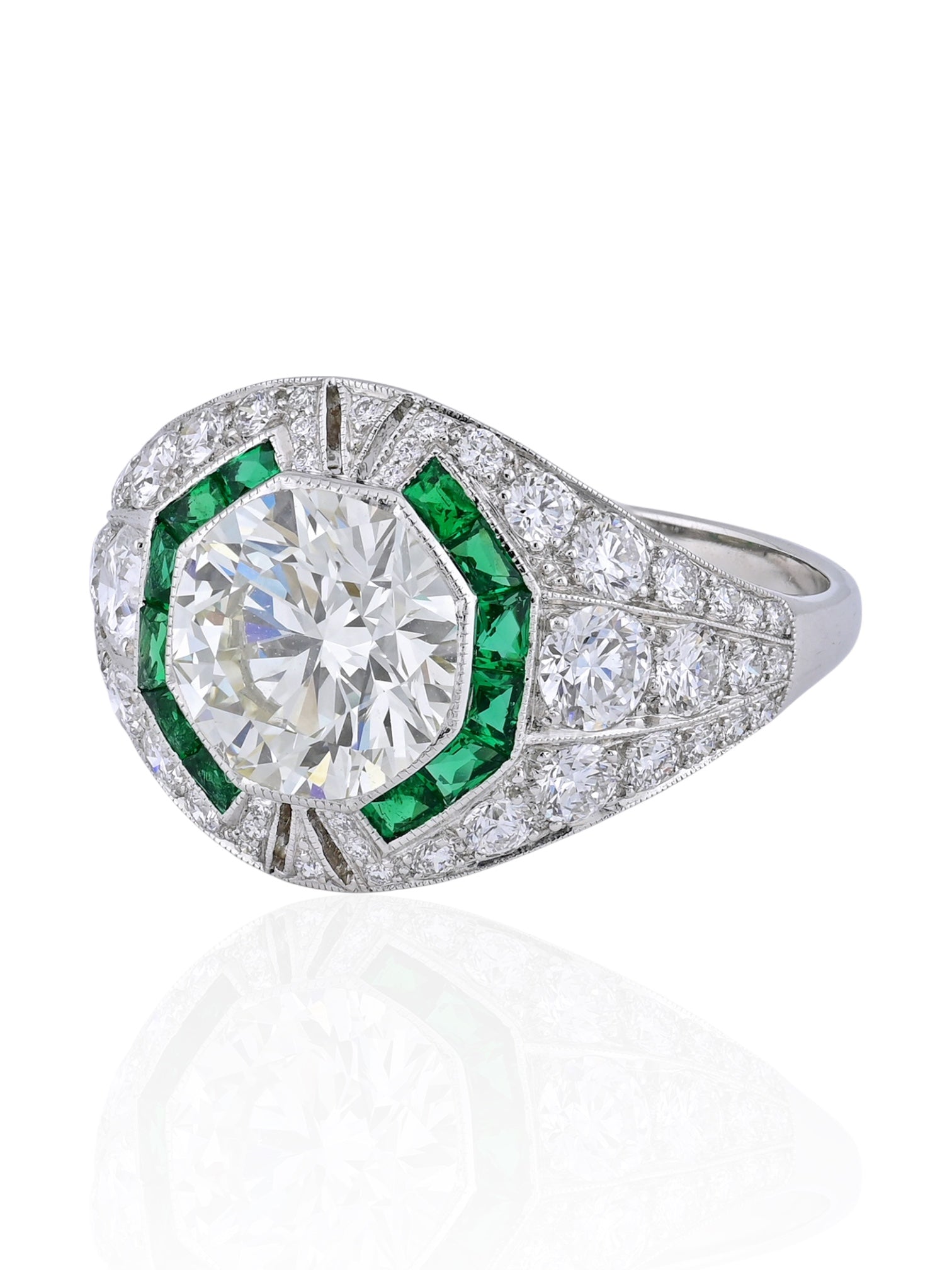 Sophia D Art Deco Round Diamond and Emerald Ring Platinum