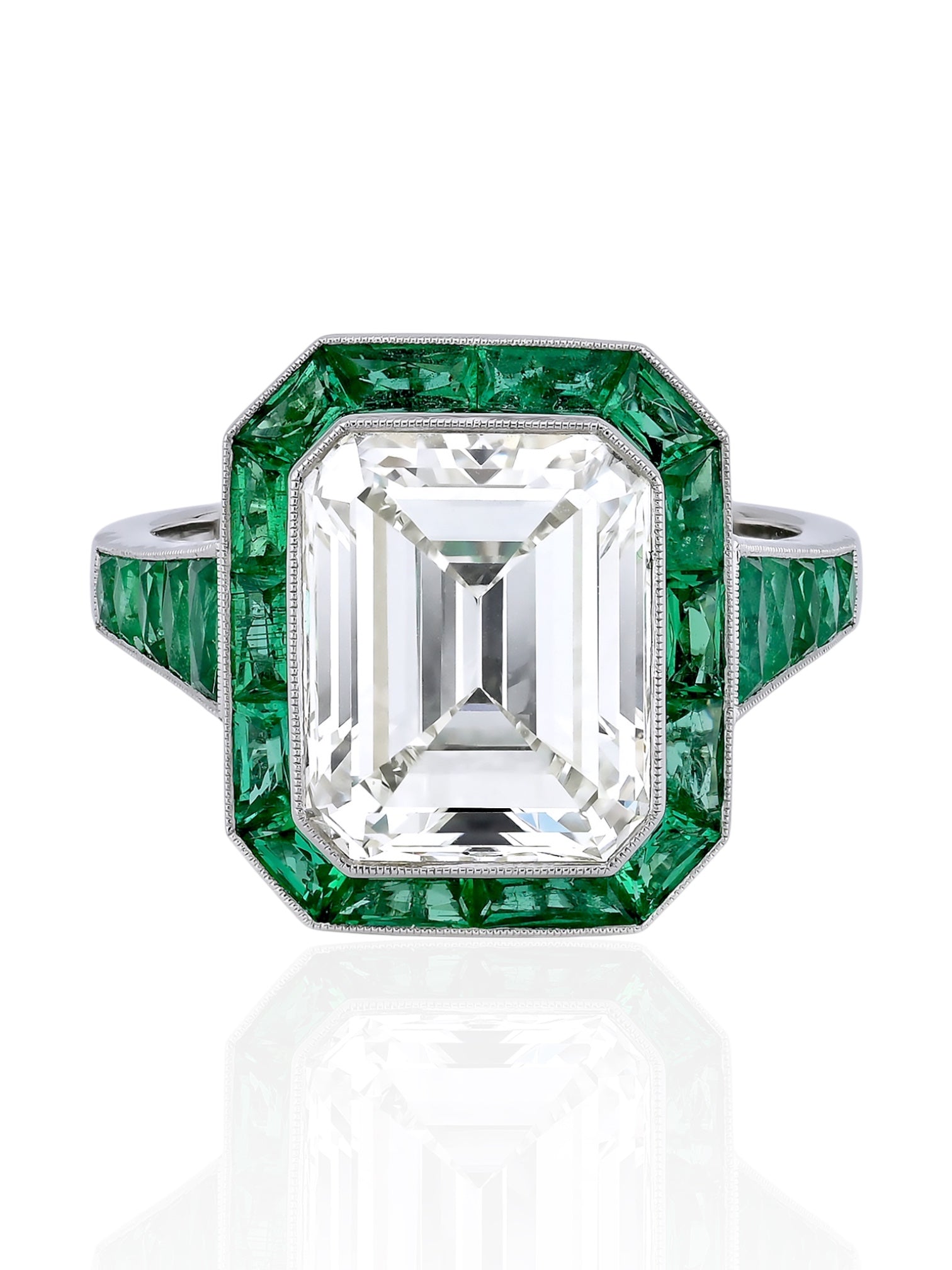 Sophia D Art Deco Emerald Cut Diamond and Emerald Ring Platinum