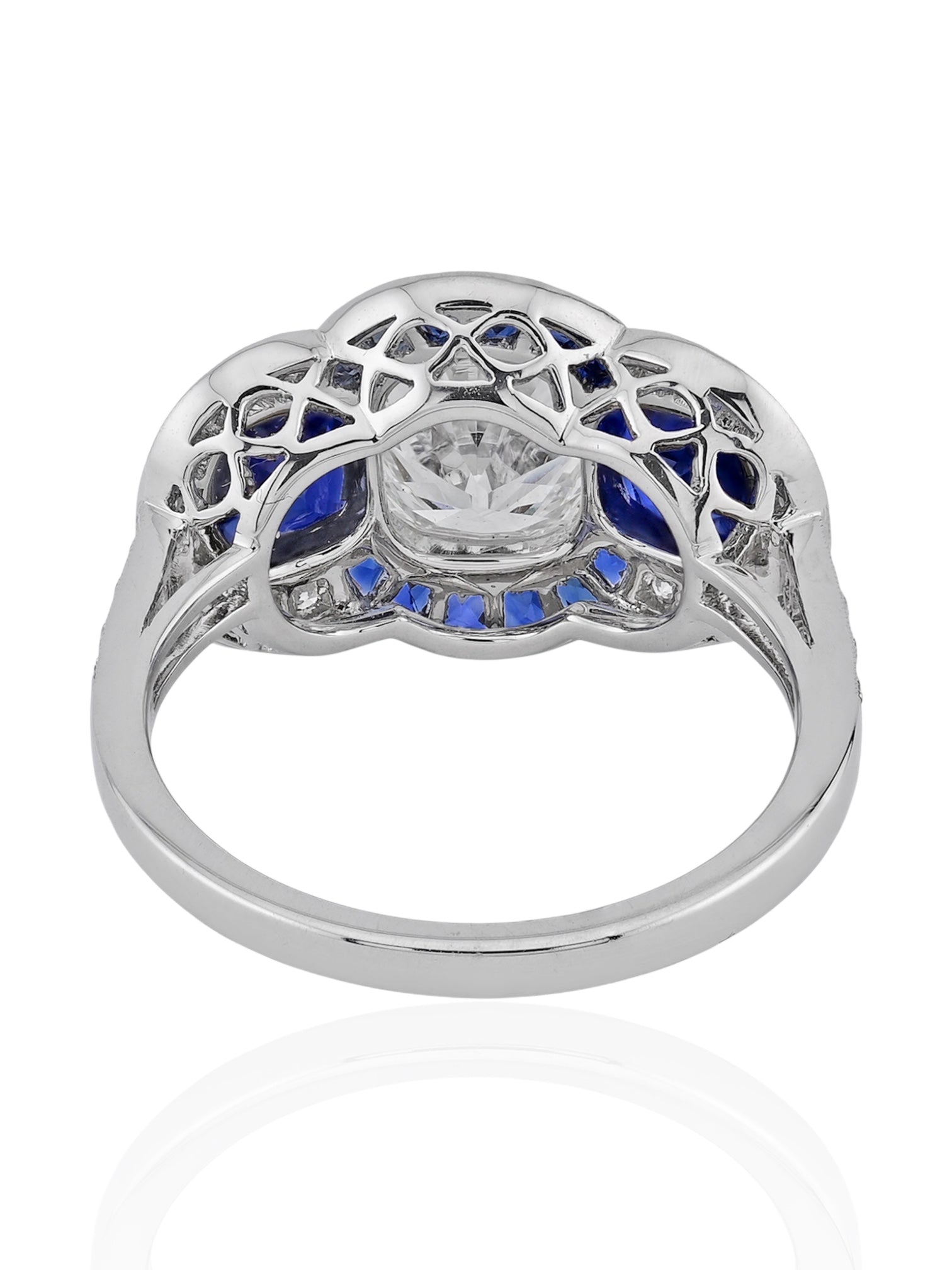 Sophia D Art Deco Cushion Cut Diamond and Sapphire Ring Platinum