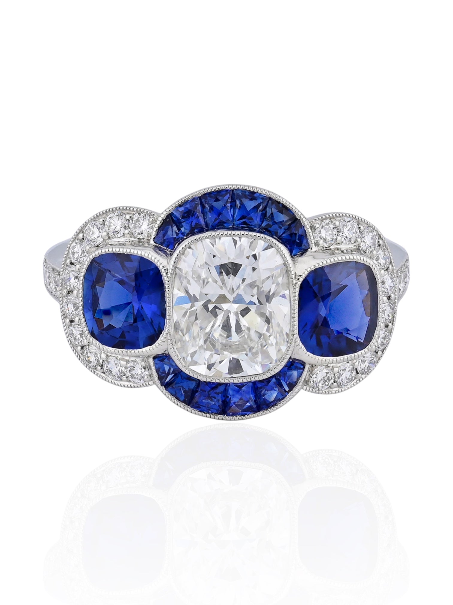 Sophia D Art Deco Cushion Cut Diamond and Sapphire Ring Platinum