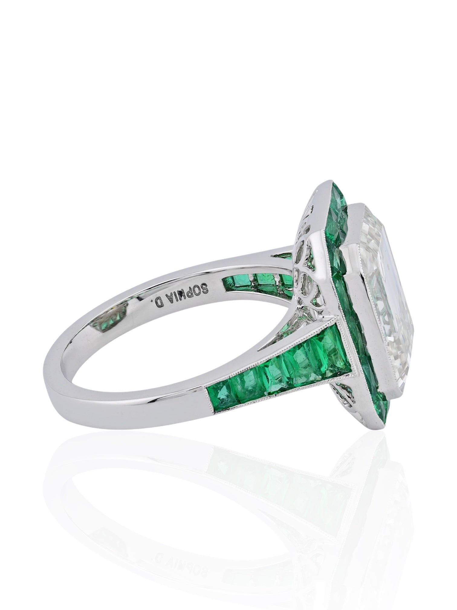 Sophia D Art Deco Emerald Cut Diamond and Emerald Ring Platinum