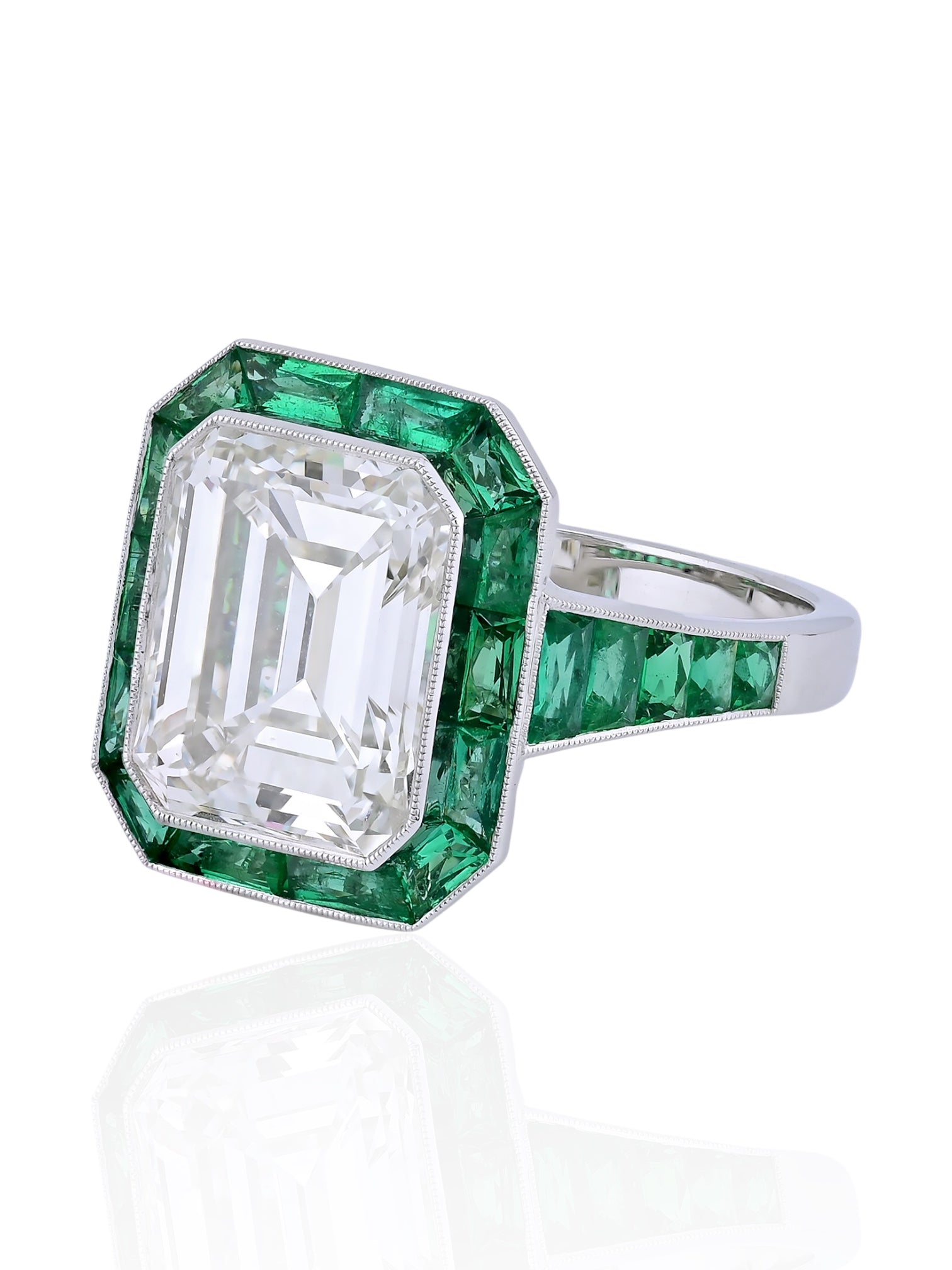 Sophia D Art Deco Emerald Cut Diamond and Emerald Ring Platinum