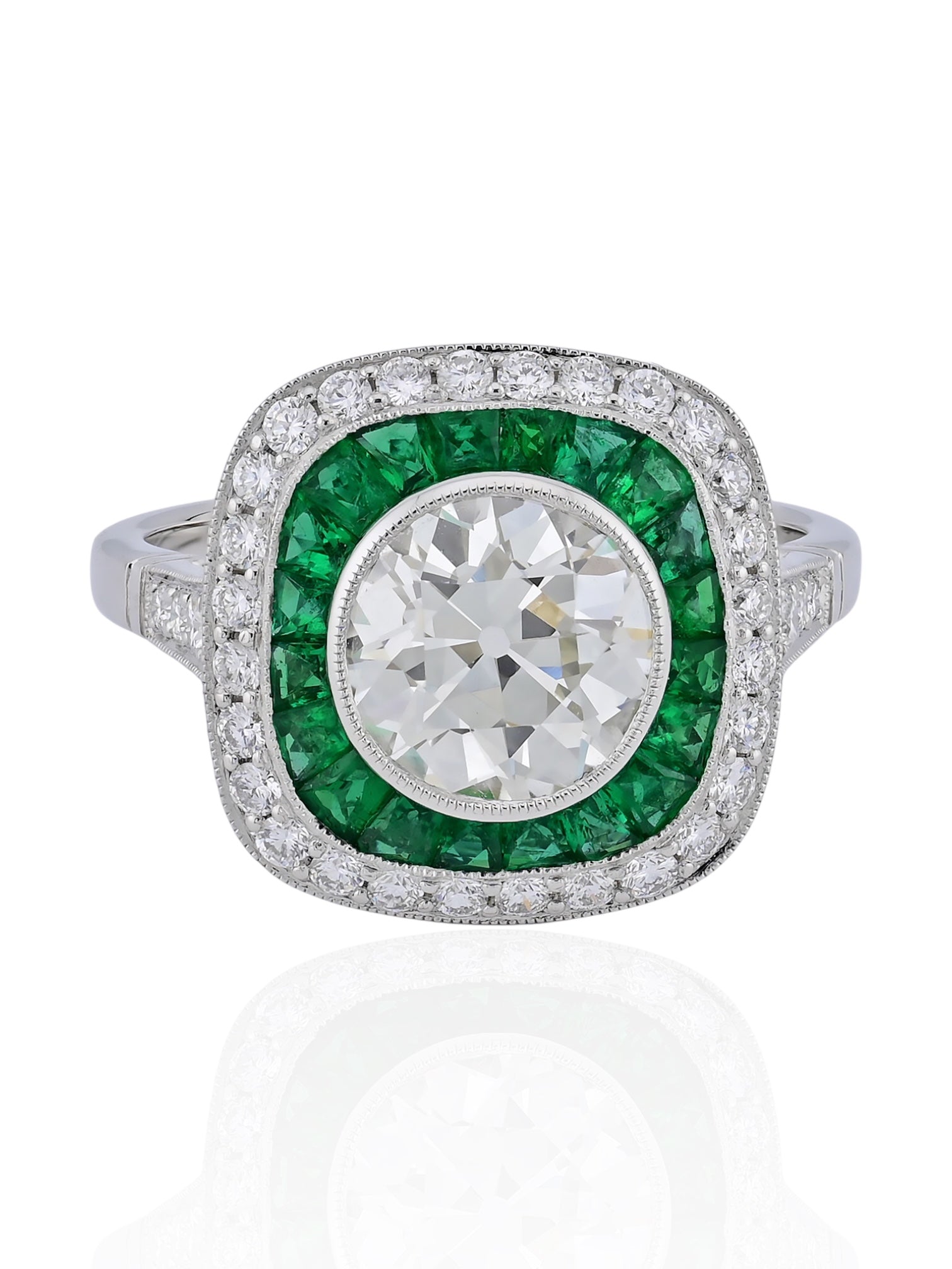 Sophia D Art Deco Old European Cut Diamond and Emerald Ring Platinum